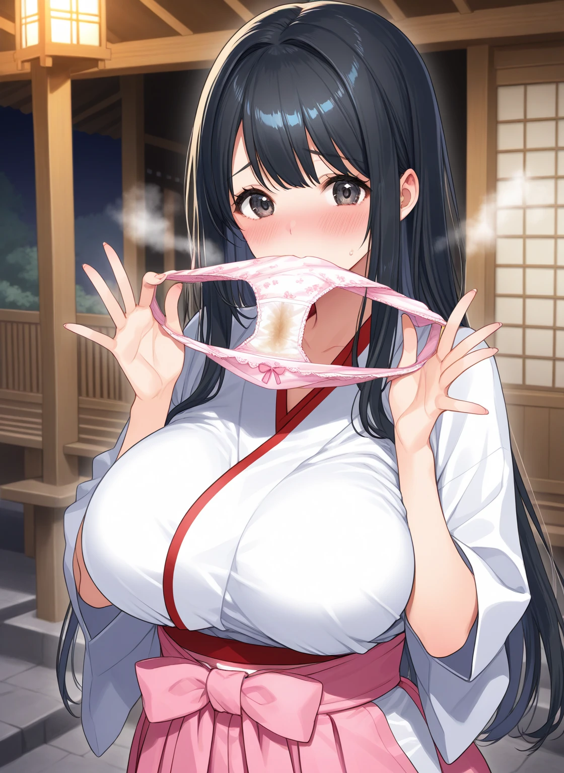 Score_9, score_8_up, score_7_up, score_6_up, score_5_up, score_4_up, source_anime, cute girl, detailed eye, kimono, bare shoulders, twist updo hair, brown hair, sagging gigantic huge biggest breasts, huge dark areolae, areola slip, dark nipple, hairy stomach hair, hairy armpit hair, Japanese, cute Japanese, sweating, heart mark words, in dark room, in Japanese style inn, lantern, hentai atmosphere, wide hip, cum shot, blushing, blowjob, penis, ahegao, dark lighting, bukkake, kneeling, side view, close up, holding testicle, makeup, showing armpit