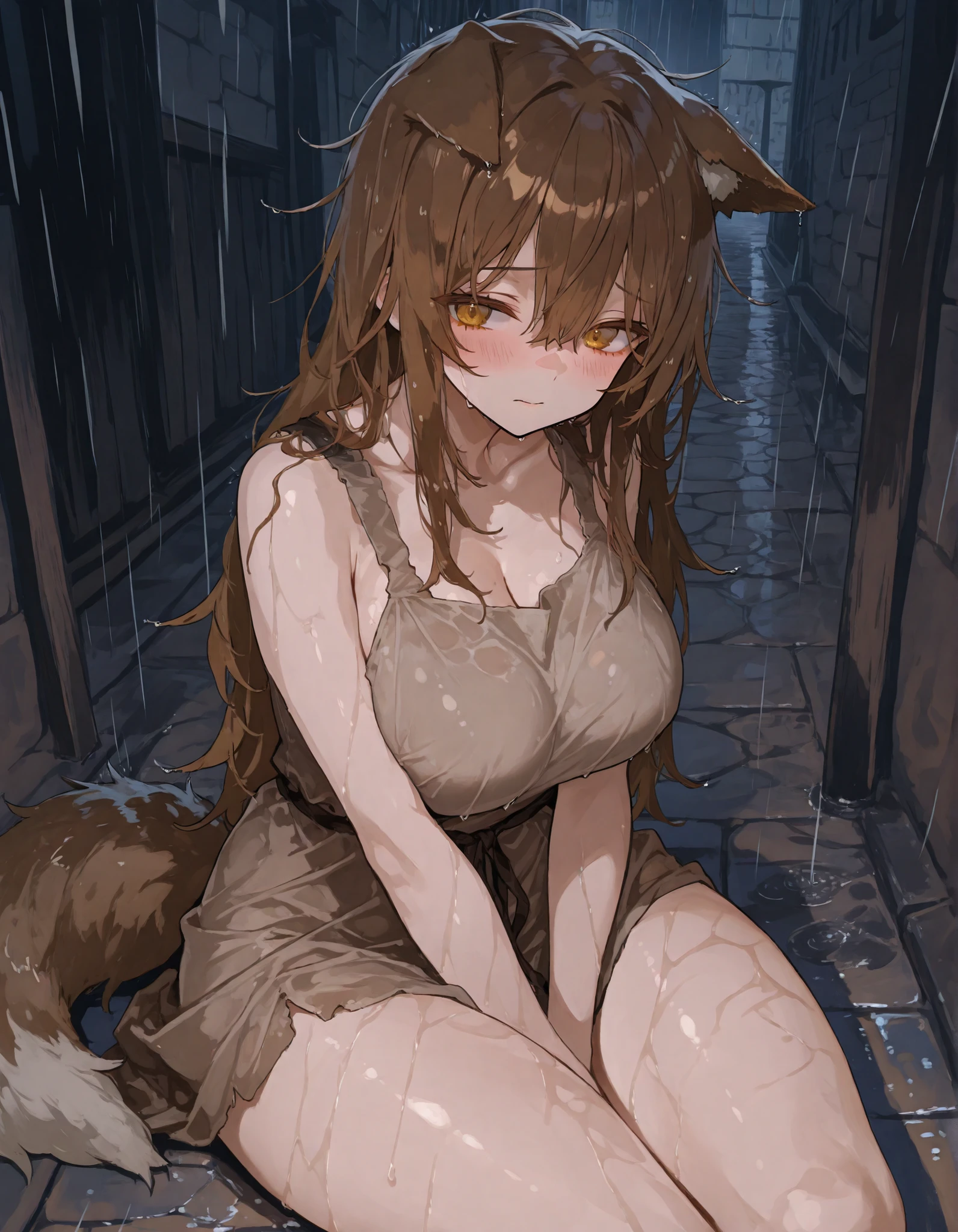 A girl with messy hair, long brown hair, amber eyes, big breasts, thick thighs, shy gaze, adorable, submissive, wolf ears, wolf tail, poor, dirty alley, night, medieval, poverty, rain, raining, wet, sitting on floor, brown sackcloth dress