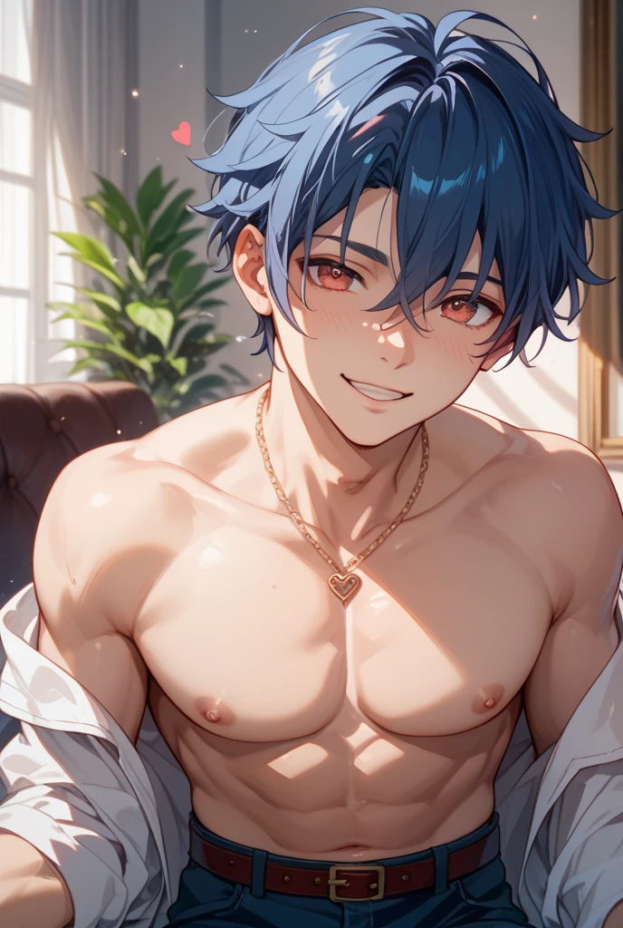 Blue hair , blue eyes anime boy, showing horny dick precum in undie
