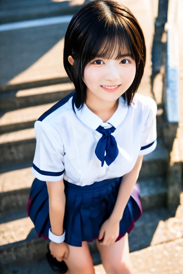 Highest quality, masterpiece, Raw photo, Realistic, Photorealistic:1.2、Detailed face:1.5、Japanese Model、One Girl 、 、Elementary school girl、Big smile:0.8、,Innocent face,Teenage Girle,、Baby Face 、The face is round、Black Hair、Thin thighs、It looks at me shyly from behind a tree.、Do you like it?、Cute uniform、Cute Skirt、(Shoot so that your shoes are visible)、(Shoot from a distance to capture the whole body:1.2)