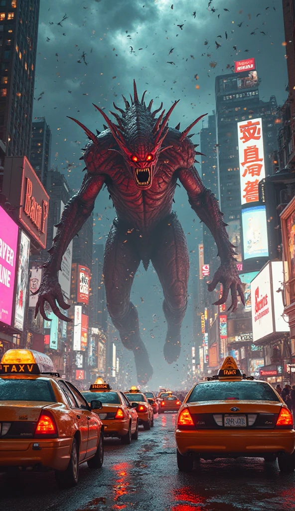An epic battle unfolds in Times Square, New York: a massive red one-eyed monster with spiked limbs and glowing veins roars in fury, clashing with sleek, high-tech alien warriors descending from hovering ships. The monster hurls cars and smashes buildings with brute strength, while the aliens retaliate with blinding plasma weapons and energy shields. Neon signs flicker, explosions light up the night, and glass and debris rain down as the iconic billboards are shattered. The battlefield is chaos — crushed taxis, crumbling skyscrapers, and terrified civilians fleeing in panic.