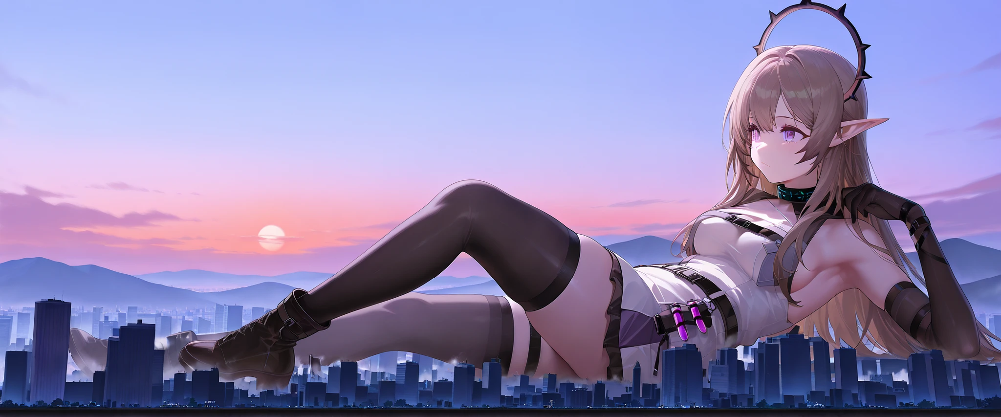 Giantess with firm , long sexy legs, yellow hair and in a bikini is lying on the ground, while the city at her feet burns in flames for the destruction she has caused, while the tiny people climb on her body to try to defeat her uselessly. Giantess, goddess, macrophilia, curvaceous body, hentai, fetish, sexy legs, bikini, high heels, high quality
