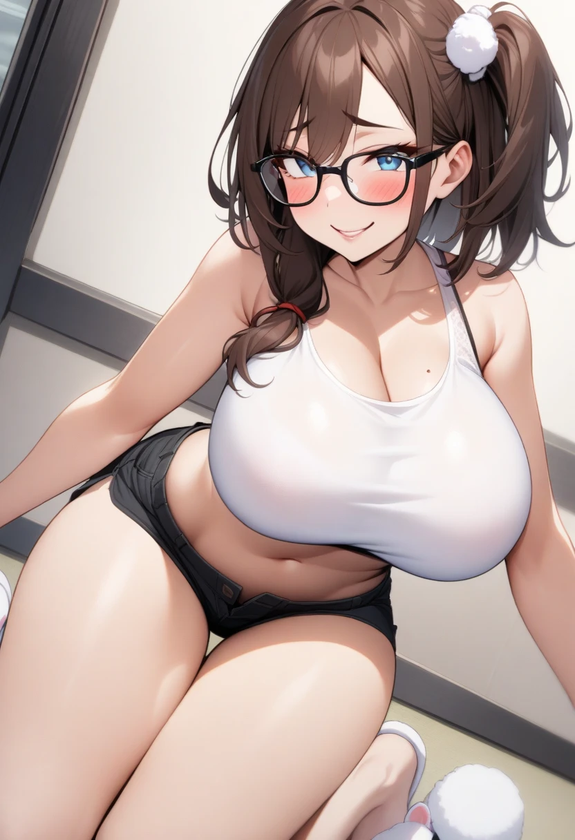 Masterpiece, Best quality, Realistic, Photorealistic, Great lighting, Ultra-detailed, Dynamic Angle, Perfect face, (Bright lighting:1.2),Beautiful detailed eyes, Extremely detailed face, Perfect lighting, 1girll, Yellow double tail hair, Glasses, nakeness, Bare chest, Stockings, High-heeled shoes, composition looking up from below, Room, Bed, (M legs, crouched), lifting up skirt, Sweaty, Wet body, Navel out, Thighs sticking out, Buttocks hole buttocks, Large of breast, Slim, Slender, Translucent body, Transparent, Embarrassed expression, Blush,