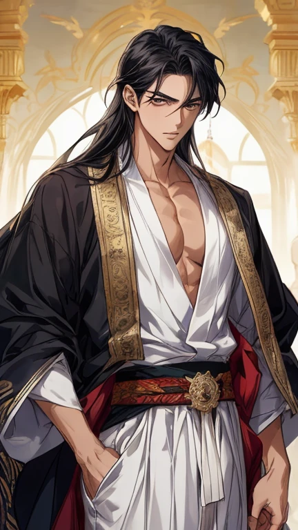 NSFW, obra-prima, melhor qualidade, ultra-detalhado, semi-realista, detailedfacialfeatures, 2homem,usando roupa de guerra antiga wuxia,cabelos compridos negros,olhos escuros,manly,fierce demon king,Villanious,bonito,Hate-filled face,standing holding a heavy spear on the left,horned head,mal,vestimenta masculina de batalha