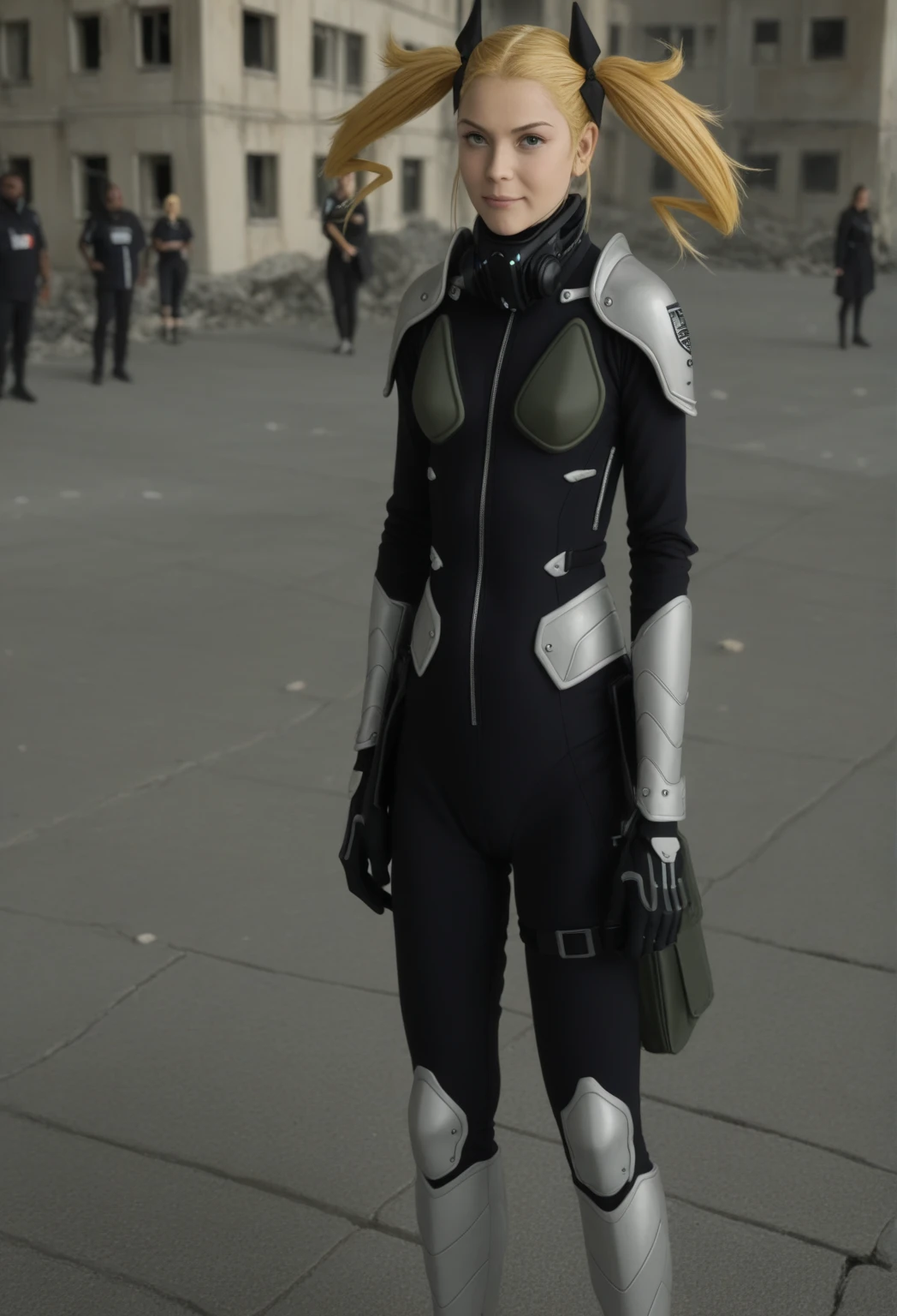 best quality,masterpiece,highres,extremely detailed cg unity 8k wallpaper,outdoors,1girl,solo,from below,looking at viewer,standing,cowboy shot,<lora:GoodHands-beta2:1>,<lora:lemon0035-Viper Valorant Costume_v1:0.9>,lemon0035,green bodysuit,armor,belt,cyborg,gloves,mask,respirator,