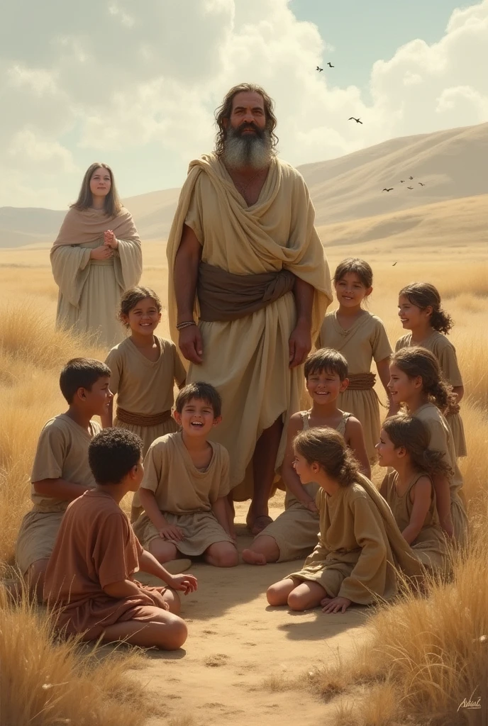 Create a scene that depicts Jesus' childhood with a divine touch. The scene should show the Jesus as a child in a simple, peaceful setting, his face unshaven, radiating soft light around him, symbolizing his holiness and power from childhood. He should be sitting in a village surrounded by children and adults, all amazed and touched by his presence. Include natural elements such as trees and flowers to represent the purity and simplicity of the scene. The sky should have soft shades of blue and gold, with a slight glowing halo above Jesus, highlighting his divine nature. The atmosphere should convey a sense of love, peace and miracle, and his face should have childlike features.
