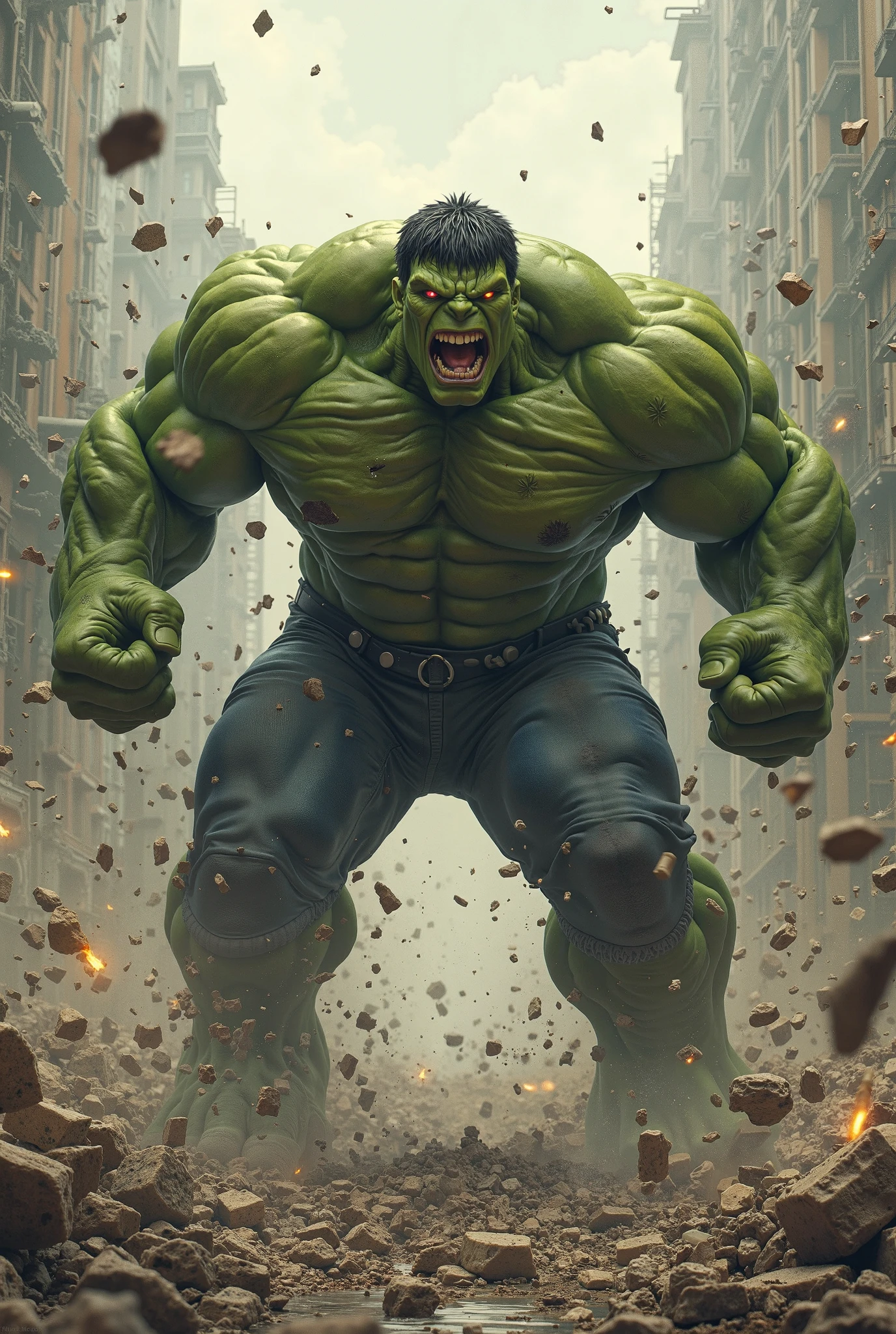 Marwel hulk with huge body and punch on the road and road is cracking and lighting season and punch on road