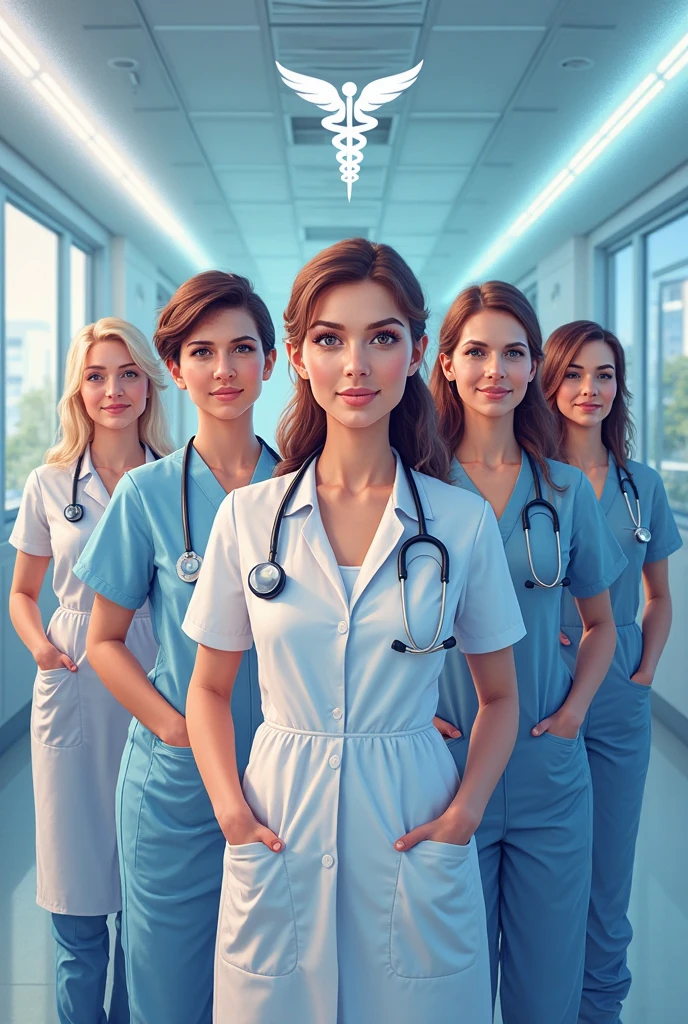 5 Real-Life Brunette Women, Brown eyes, Hair tied up. She is a doctor in the French army.. Her outfit gives us a glimpse of her beautiful décolletage.. She is wearing blue latex gloves while looking at the camera.