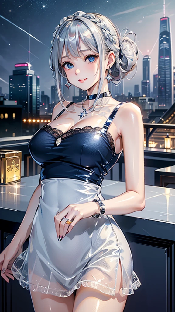 ((((masterpiece, best quality, high resolution)))), 1girl, white hair, purple eyes, short wavy hair, average breasts, blush, light smile, parted lips, glow, thighs, bare shoulders, collarbone, narrow waist, cleavage, (beautiful detailed face, beautiful detailed eyes), (revealing clothes:1.0), (breasts curtain, sideboobs, plunging neckline, gold dress, backless satin mini dress, high slit cut, revealing, silver necklace, hair ornament, earrings), night sky, night light, fancy jazz bar, golden glittery dress