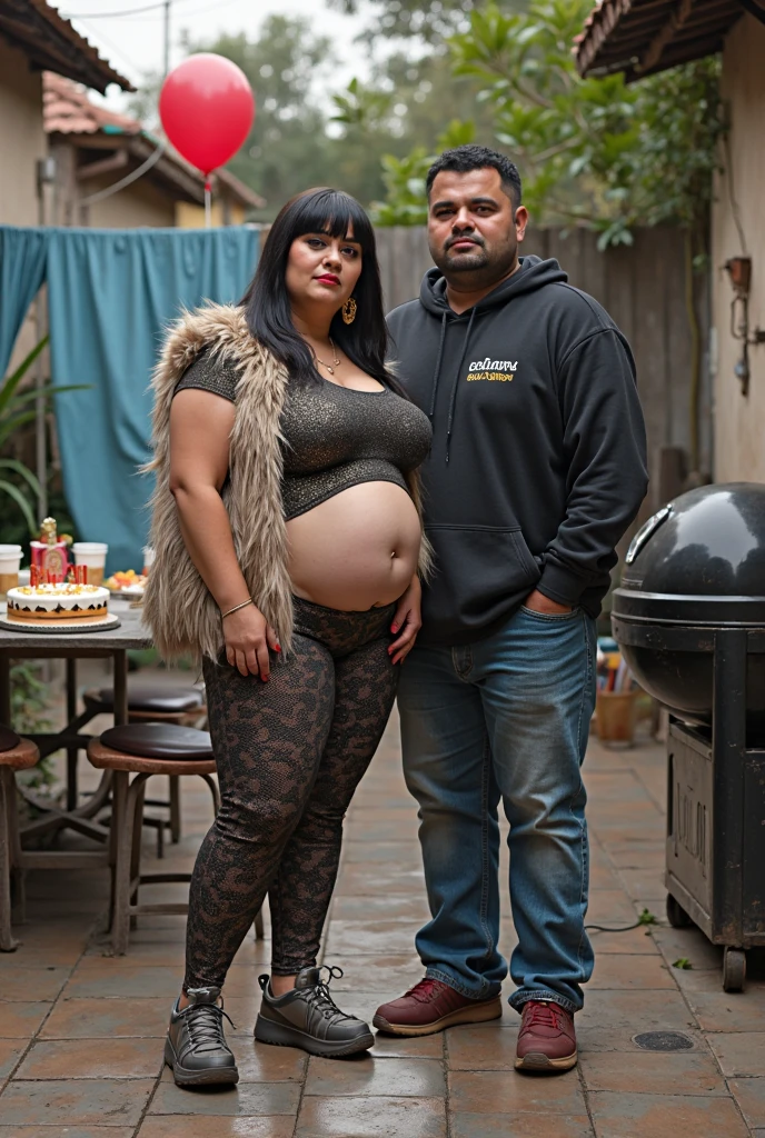 Create a realistic photograph of a smiling and beautiful indian college girl in black leather suit carrying a obese man on her shoulder , in a exotic room, man is sitting on her shoulder, man on top, woman standing at bottom