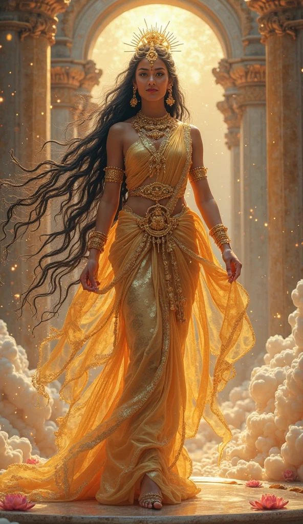 Goddess Sita,fiery dress,ancient look,fiery background,ancient royal palace background