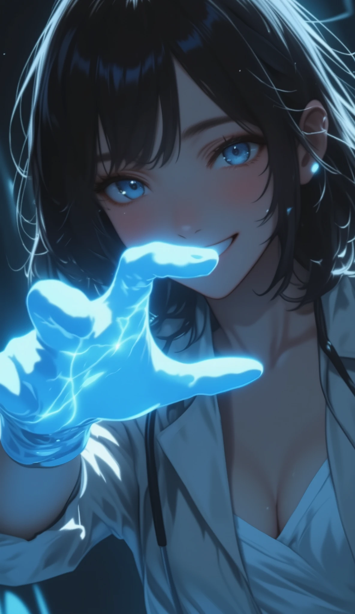 anime style inspired by Golgo 13, cinematic ultra extreme close-up, elegant seductive gloved hand filling the frame, hand is the main focus, ultra sharp focus on god-like beautiful hand and fingers, smooth and glossy, glowing softly with divine light, background blurred, sexy busty Japanese female doctor softly visible in the background, wearing loosely worn white doctor's coat showing cleavage, seductive and confident smile, cinematic dramatic lighting, dark moody surgical room, bold anime outlines with soft glow, ultra detailed --v 5 --ar 16:9