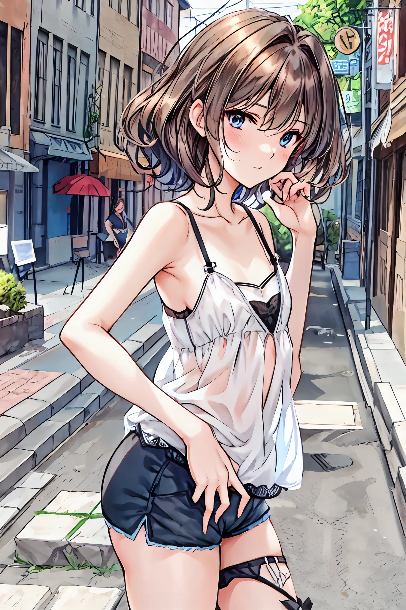 ((Highest quality, High resolution,  Perfect Pixel,  4K)),  (Beautiful Anime Girls), Depth of written boundary、
looking at viewer, 

short hair, Baby Face、Detailed eyes、Round face、he is short、
 
Brown Hair、(Brown Skin:1.5)、(Big Breasts:1.1)、

(White T-shirt、bottomless、Off the shoulder:1.3), Short sleeve、
smile,　Open your mouth、

Wind、street、summer、