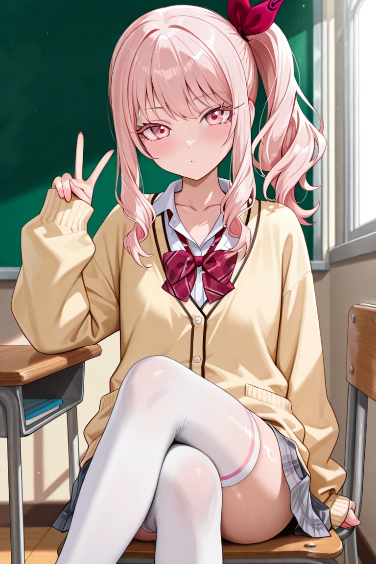 nsfw,cherry blossom cream, Primary school students、8-year-old with short hair, ribbon, Green Eyes, hair ribbon, Pink Hair, Ahoge,
, shirt, white shirt, collared shirt, Jacket, Long sleeve, Captivating smile,masterpiece,Noise Reduction,Perfect Anatomy,High resolution, Very detailed,Game CG,Beautiful attention to detail,Visual Arts,
1girl、 Cowboy Shot、(Pussy、pussy)、(from below),(arms behind back)、Hands folded behind your back、Sit on a chair、Spread your legs、(White panties)