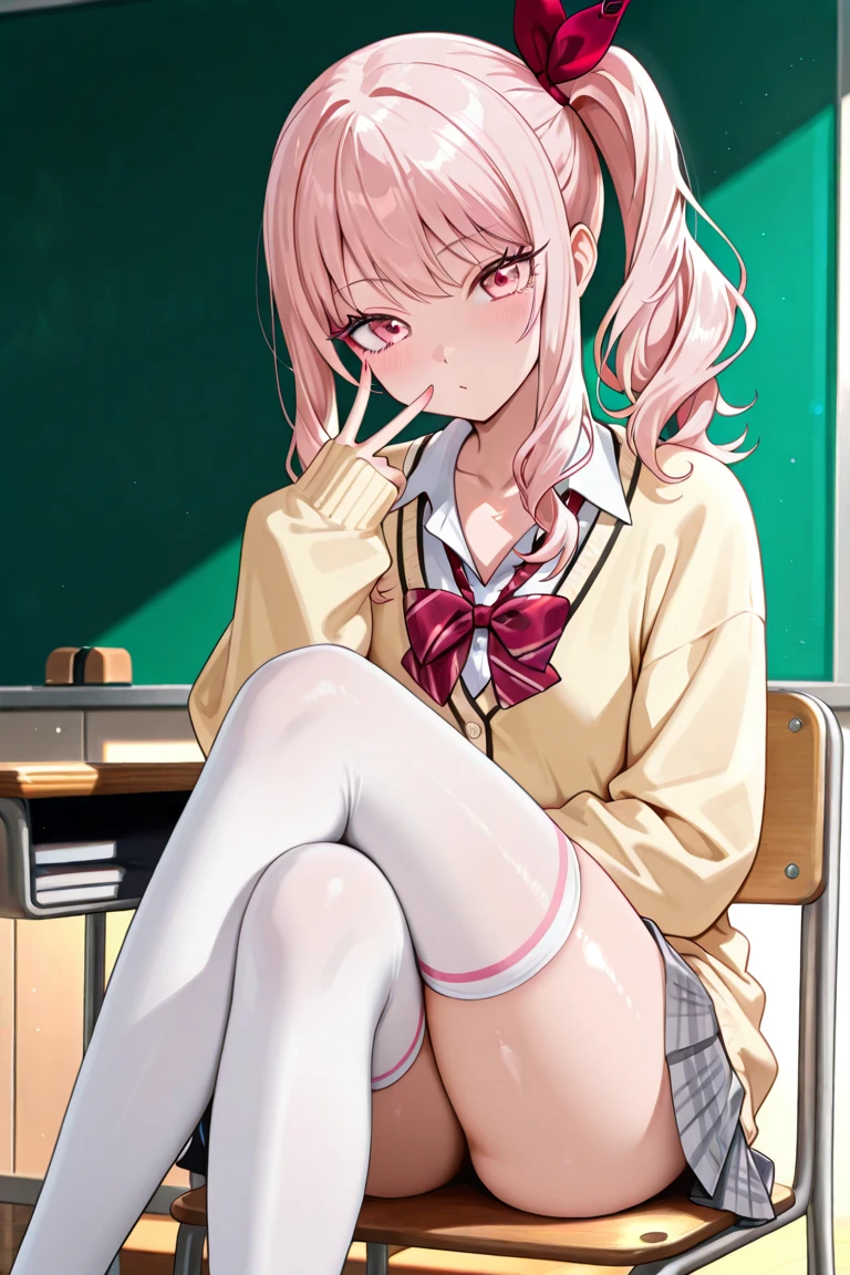 ((masterpiece、Highest quality、Very detailed))、One Girl、Pink Hair、Long Hair、Wavy Hair、Grey Eyes、evil smile、Pink Lips、((lots of piercings))、Large Breasts、((White shirt))、A bow tie、Rolled up sleeves、((Black pleated skirt))、((Miniskirt))、((white buggysocks))、loafers、squatting、Shoot from the side、Classroom Background