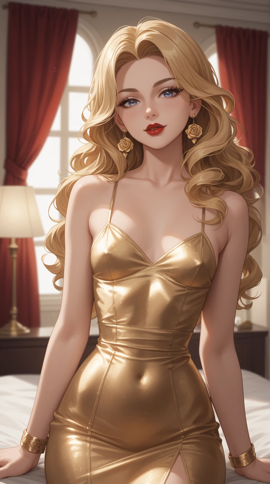 girl, young blonde, long hair. slim, is wearing a short golden dress. It's night.