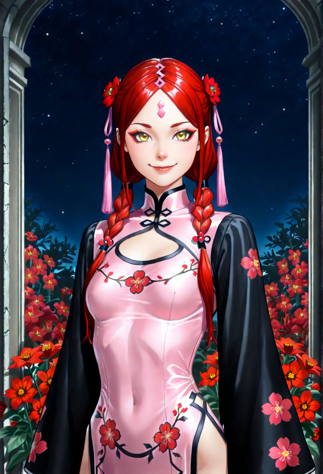 Ultra-high resolution, (masterpiece, Highest quality), Aerith Gainsborough, (One beautiful girl, alone:1.1), (hair, long hair, brown hair, dutch hair, Single Ponytail, Braidinged ponytail, bow, ribbon, hair bow, ponytail ribbon, big ribbon), (eye, (Big eye:1.2), green eye), jewelry, necklace, (chest, Natural chest,( Big chest:1.2)), Braiding, flower, Side Lock, lips, parted lips, bracelet, (Jacket, Red Jacket, Open Jacket, Short sleeve, cropped Jacket), (dress, Long dress, Pink dress, Vnack), Written boundary depth, white flower, Realistic, nose, (shot, full-body shot, cowboy shot), garden, blossoming garden, Natural Light Portrait, smile, happy smile,