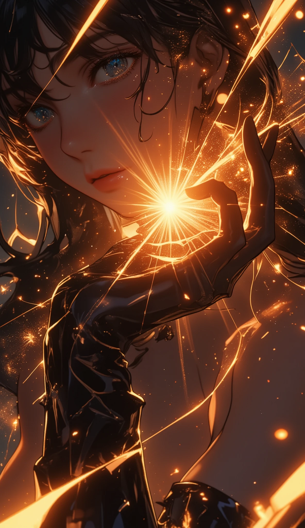 anime style inspired by Golgo 13, ultra extreme cinematic close-up, elegant seductive gloved hand filling the frame, hand is the main focus, ultra sharp focus on god-like beautiful hand and fingers, glowing brilliantly with radiant beams and sparkling particles, dynamic dramatic lighting, background glowing dramatically like a triumphant reveal scene, sexy busty Japanese female