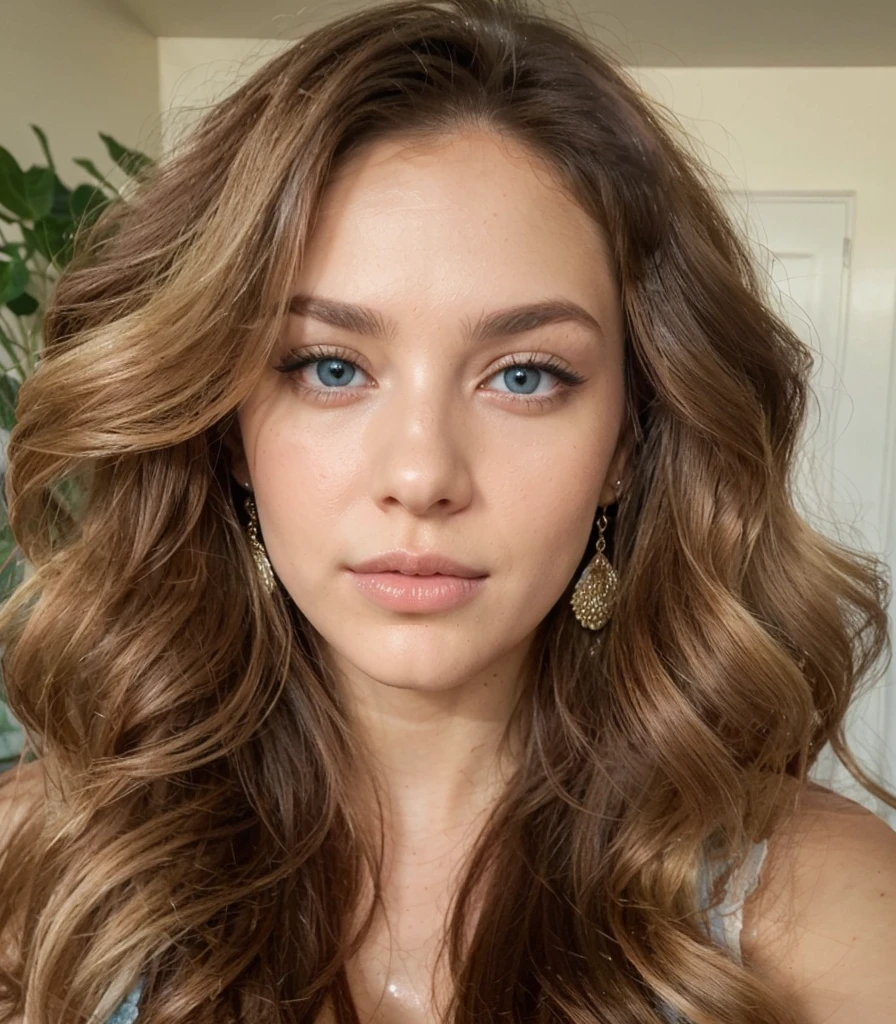 ultra detailed photo of a 25 years old beautiful woman,long wavy chestnut hair , thin pointy nose, ultra detailed face, beautiful big dark and light green eyes ,big eyelashes, no makeup, suntan, slender, looking up to the camera from the floor, the camera is up and she is kneeling, face covered with white dense milk