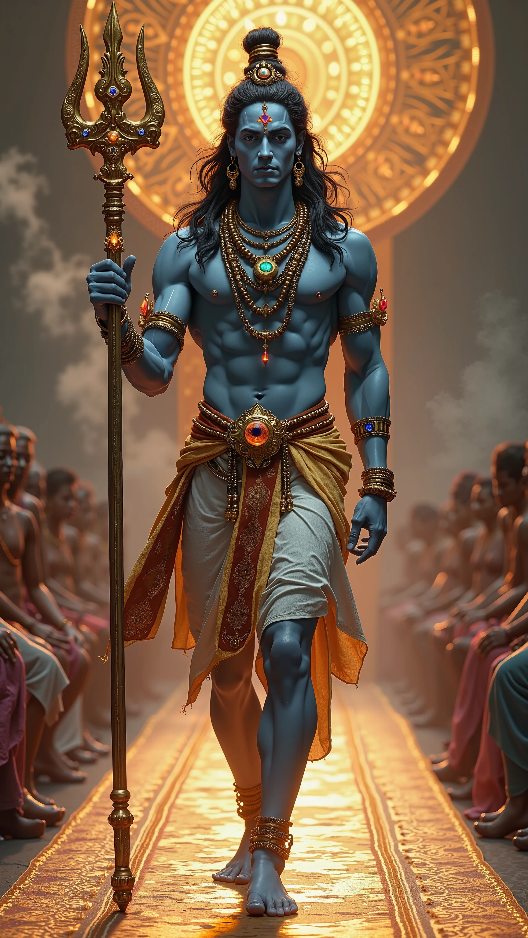 Indian God Lord Shiva is standing in the temple, smiling with a crown on his head.