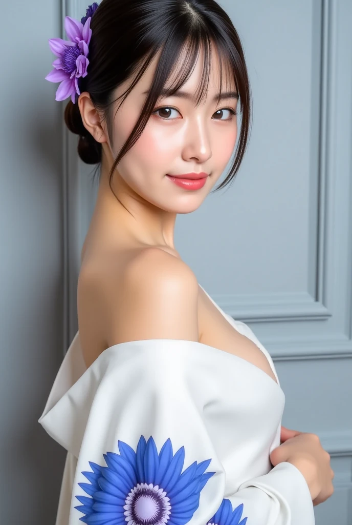 (highest quality、8k、32K、masterpiece、nffsw:1.2)、(RAW photo)、(realistic)、(Photoreal:1.2)、(High resolution)、Super detailed、very beautiful face and eyes、1 girl、round and small face、thin waist、delicate body、(close、highest quality、high detail、rich skin details)、(highest quality、8k、oil paint:1.2)、Super detailed、(realistic、realistic:1.37)、(((touch my mouth)))、(((Bewitching atmosphere)))、(((laughter)))、(((white background)))、((long hair))、(((pure white wall background)))、(((She is wearing a purple polka dot yukata)))、(((pure white wall background)))、(((Light purple yukata)))、(((Dot pattern yukata)))、(((loose and fluffy permed hair)))、(((大laughterしています)))、(((touch your chin with your hand)))、