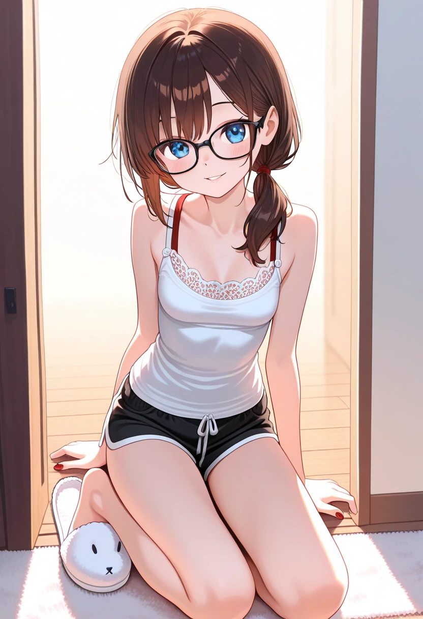 masterpiece, Highest quality, High resolution, Very detailed,(((Transcend))), (((White tank top))), (((smile))), Bare legs, Inside the house, blue sky, window