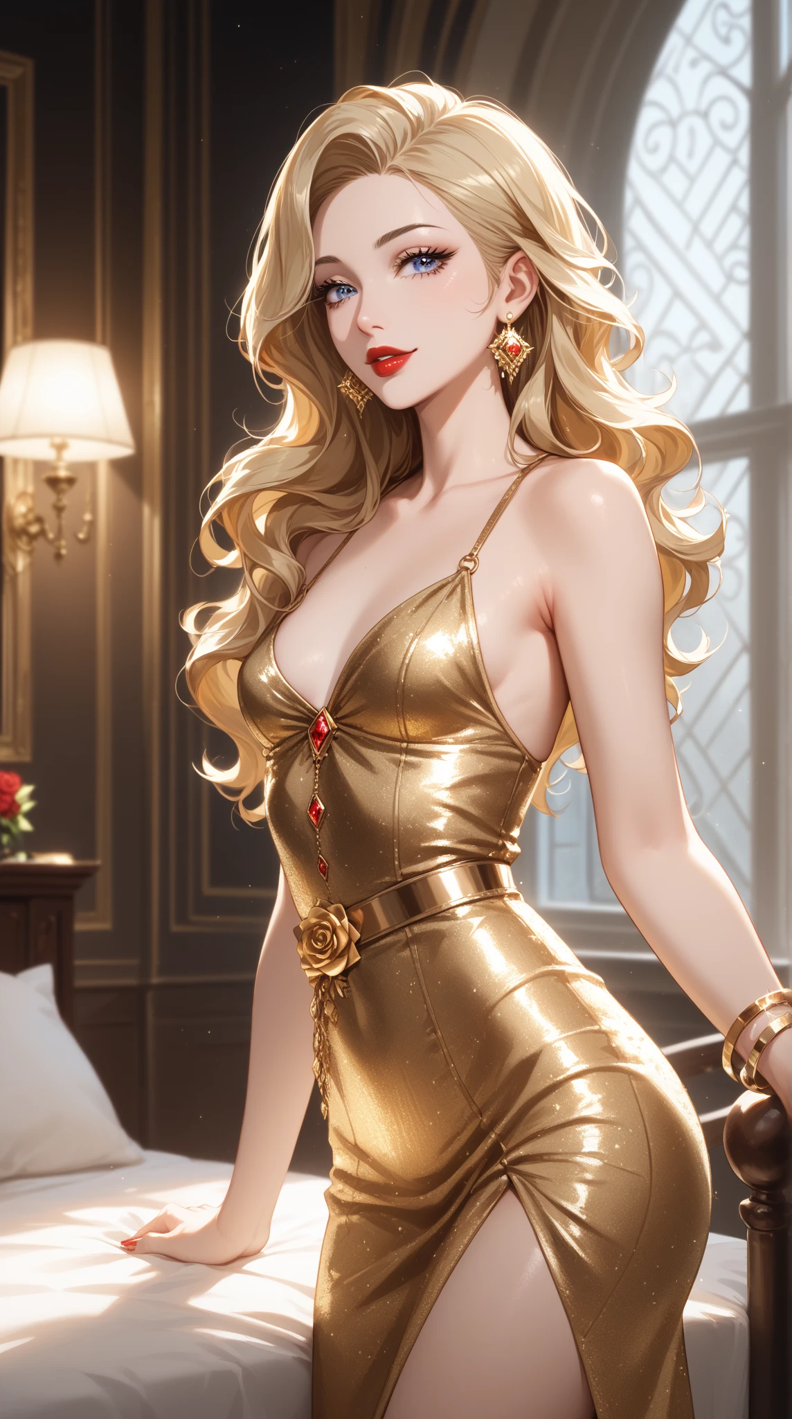 25-year-old Caucasian woman、platinum-blonde、blue eyess、Semi-long、My hair is wavy、accessories on the wrist、wearing a choker、My abs are cracked、a smile、slim muscular body、I don't want my head to disappear from the screen.、wearing a mermaid dress、I'm at a party、holding a champagne glass