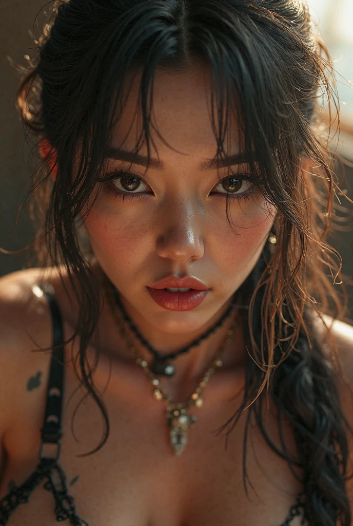 samurai woman, ((masterpiece, highest quality, Highest image quality, High resolution, Raw photo, 8K)), ((Extremely detailed CG unified 8k wallpaper)), (huge stunning goddess shot, very hot and sexy, sexy revealing samurai armor with a sword, sensually posing for the camera laying down on her stomach, full body, jaw-dropping beauty, perfect proportions, beautiful body, slim body beauty:1.4), black hair, nervous, photorealistic, from behind, from above, 16k, 8k, 4K, award winning
