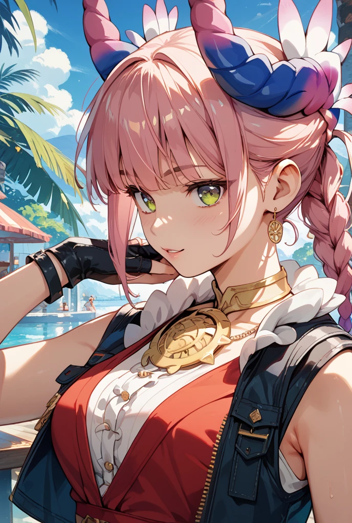 (high quality, best quality, 4k, 2k, (intricate:1.1), (high detail:1.3)), (Floating Market on a Calm River, depth of field), (official wallpaper, volumetric lighting, dynamic lighting),
1girl, solo, Raspberry pink hair, Ash gray eyes, medium breasts,
Messy Side Braid, Off-the-shoulder balloon sleeve top in a pastel hue., Faux leather leggings with a moto-style detail.,
Wide-eyed,
looking at viewer, laying down