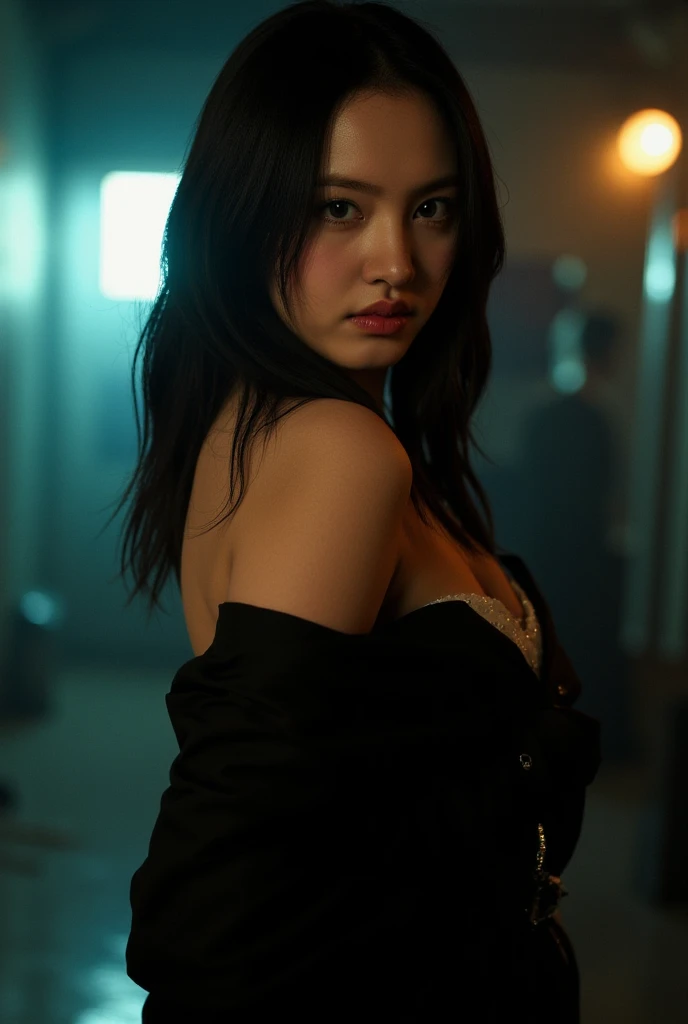 Best quality, masterpiece, ultra high res, (photorealistic:1.4), raw photo, 1 girl, happy, jet black hair, bangs, off shoulder, cinematic lighting