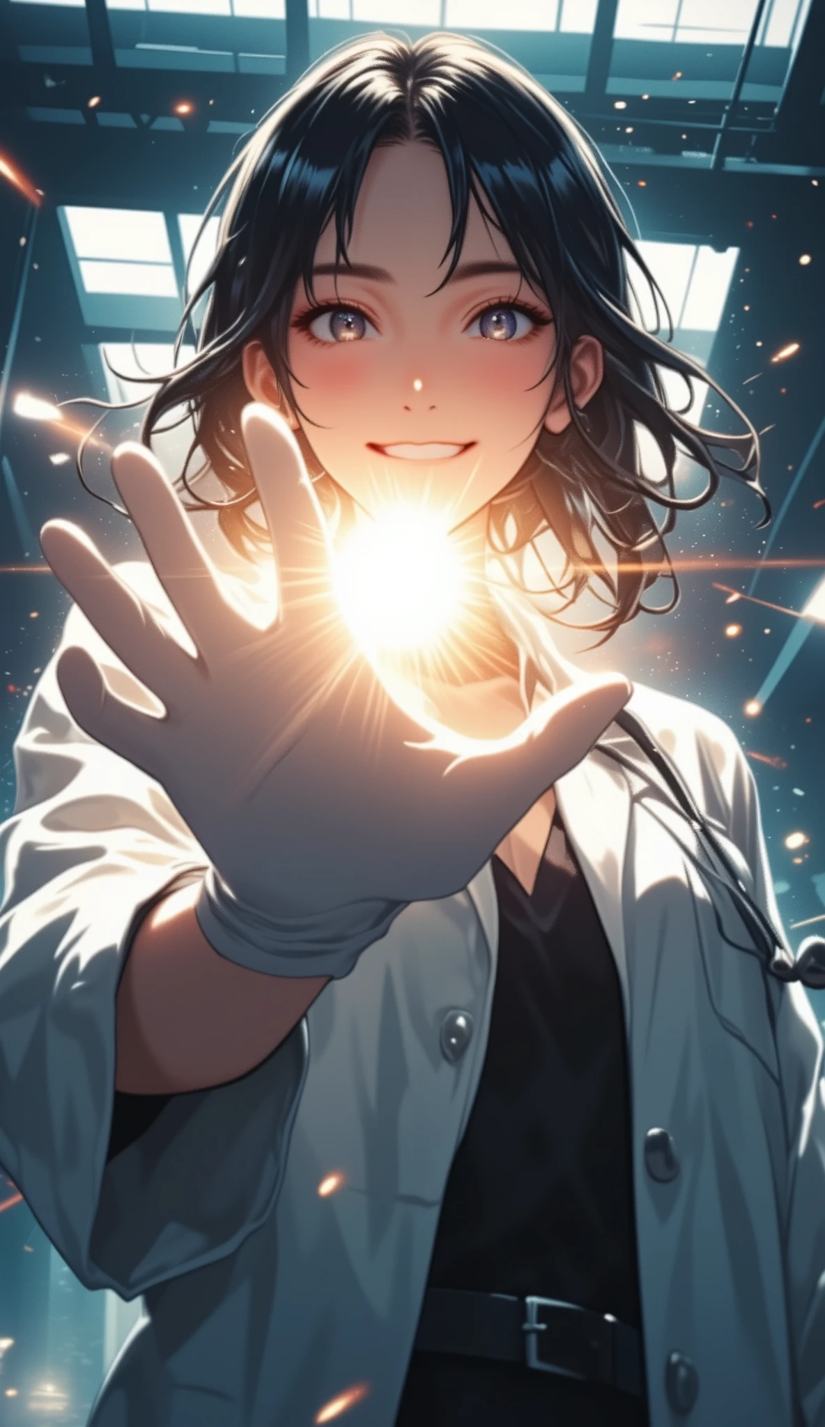 anime style inspired by Golgo 13, ultra extreme cinematic close-up, elegant seductive gloved hand filling the frame, the hand is the main focus, sharp focus, illuminated dramatically with intense spotlight, glowing brilliantly, radiant beams and sparkling particles, triumphant reveal scene, cinematic burst background, sexy busty Japanese female doctor softly blurred in background, wearing loosely worn white doctor's coat showing cleavage, smug and proud expression, confident and seductive, anime TV climax style, bold outlines, soft glow, ultra detailed and realistic --v 5 --ar 16:9