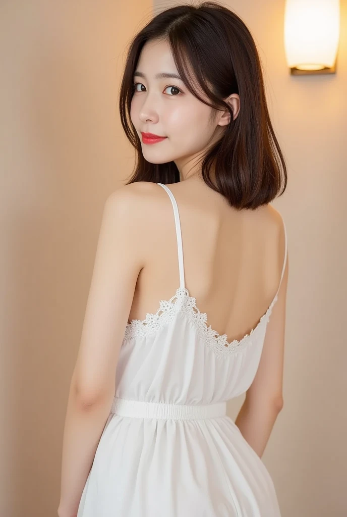 masutepiece, Best Quality, 8K, 1 girl, 20 yo, Closed mouth, Smile, Full body, (Full body:1.4), Solo, Cute, Girly, Delicate girl, Neat and clean beauty, Raw photo, Professional Photography, Portrait, Soft light, Professional Lighting, Back lighting, Look away, looking at away, Sophisticated, Film grain, (Eyes and faces with detailed:1.0), Short-length floating hair, Beautiful flowing hair,