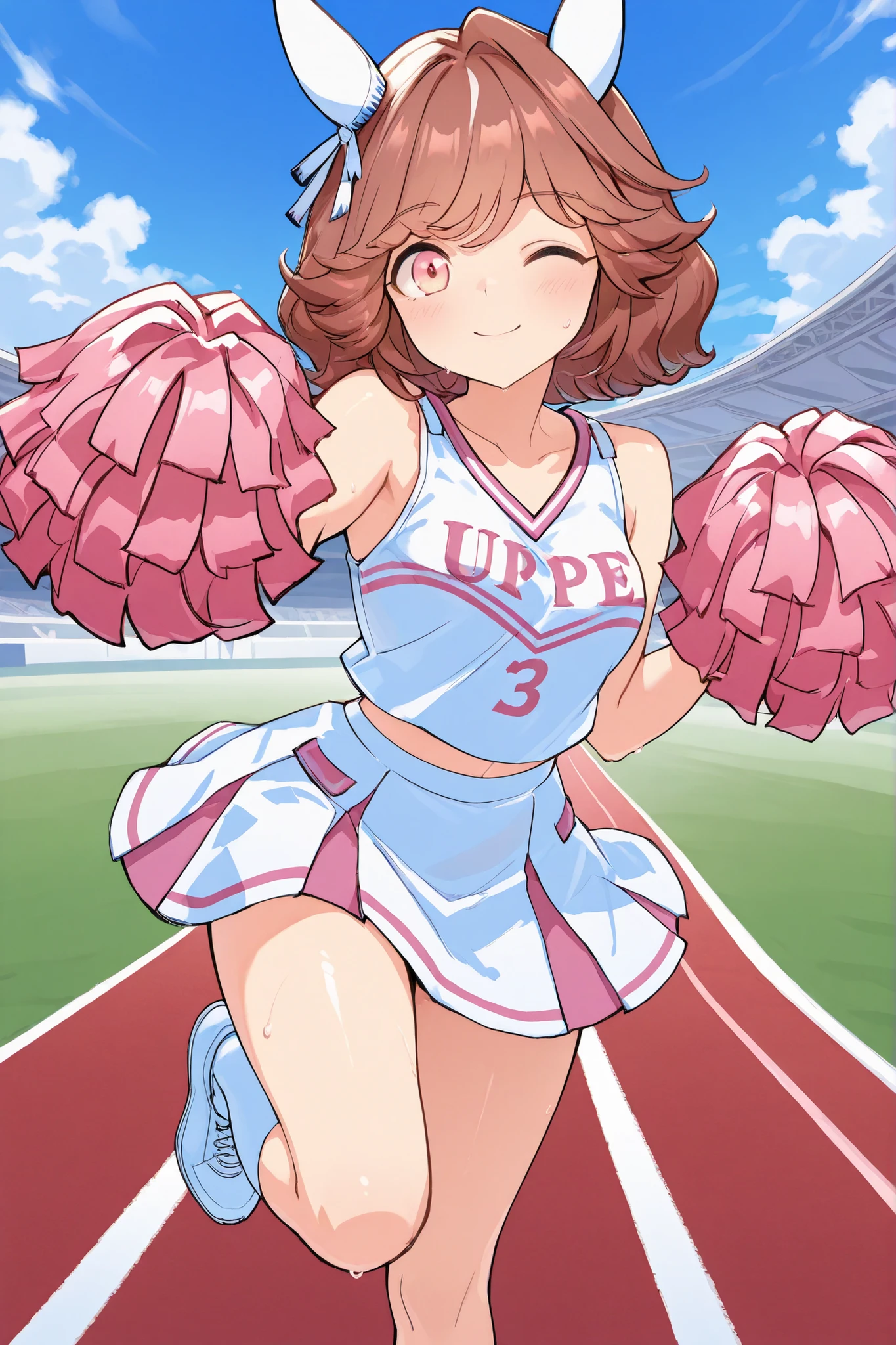 Waste \(Uma Musume\),(((masterpiece))),(((details)))((Highest Quality)),((hyper details)),(beautiful),((Shiny rhinoceros)),(((about))),( High Definition ),((8k)),((high resolution)),pink and white cheerleader, Holding Large Pompoms in Both Hands, dynamic pose,, raising arms,stretches towards viewers,standing, knee up , smile, happy,one eye closed,sweat,embarrassing, ,lawn,Racecourse,shot from the front, Glance Shot ,(((thigh to face close-up))),((character up image)),anime girl, solo,