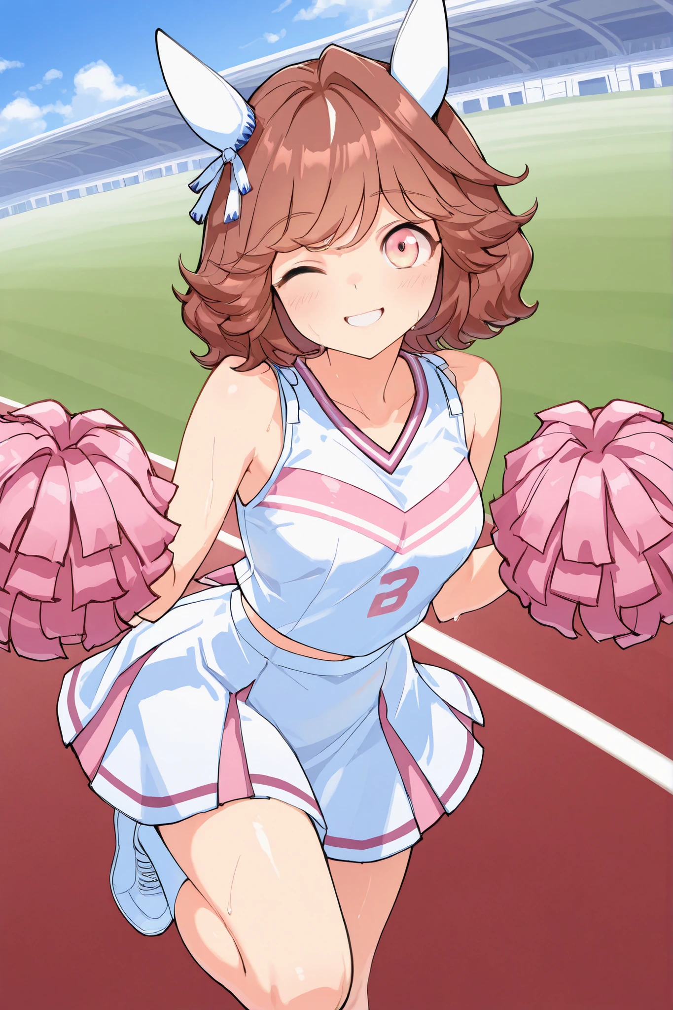 Waste  \(Uma Musume\),（（（masterpiece））），（（（details）））（（Highest Quality）），（（hyper details）），（beautiful），（（Shiny rhinoceros）），（（（about））），（ High Definition ），（（8k）），（（high resolution）），pink and white cheerleader, Holding Large Pompoms in Both Hands, dynamic pose,, raising arms,stretches towards viewers，standing， knee up ， smile, happy，one eye closed，sweat，embarrassing, ，lawn，Racecourse，shot from the front， Glance Shot ，（（（thigh to face close-up））），（（character up image）），anime girl, solo, 