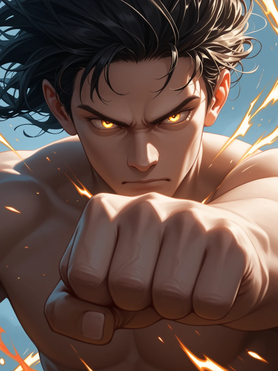 high quality, 8k, detailed, intricate, hyper realistic, cinematic, masterpiece,1 boy, muscular man, shirtless, spiky black hair, intense facial expression, piercing eyes, detailed facial features, highly detailed skin, dynamic pose, action, energy, dynamic motion, manga style, pixiv, anime, digital art, dramatic lighting, chiaroscuro, moody, cinematic