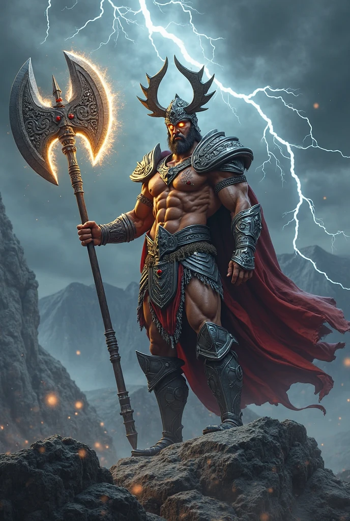 dark fantasy, 2d game maker art, full body shot, acrobatic pose, 1 male is viking, red shining eyes, madness and madness atmosphere, viking helm, (holding battle axe:1.3), muscle, leather armor and boot, emits a red and black aura, dungeon broken interior background, rich colors and dark palette, add light painting coloring, intricate detail texture, intricate detailed, tonal contrast, toon rendering, super fine illustration, ultra quality, best quality, high quality, insanely detailed, 16k, extremely detailed, ceiling lamp lighting,