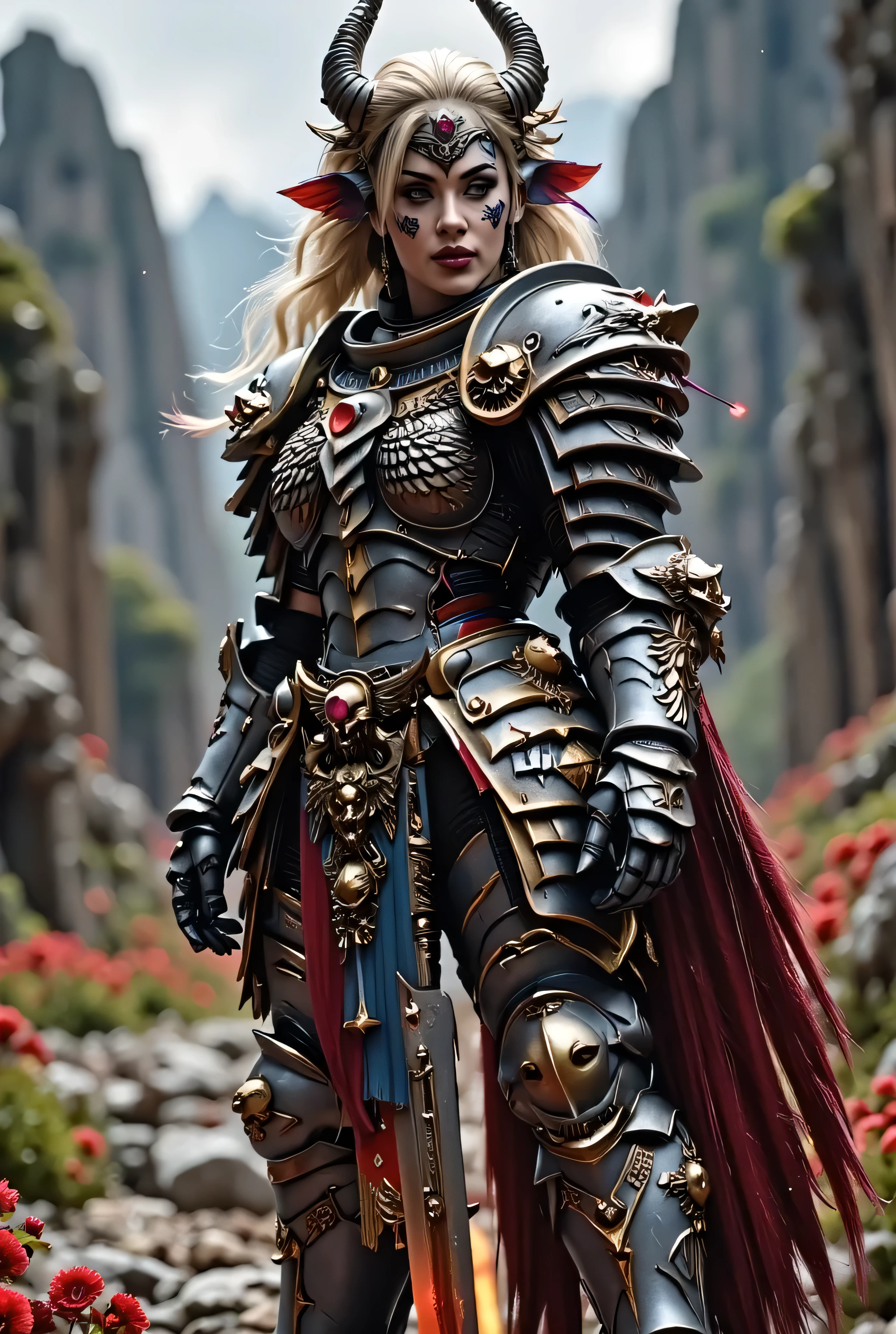 ((best quality)), (Masterpeace, high quality, high resolution, realistic photo, photography, detailed), 1 japanese pornstar women fighter gangster, age from 30 to 36 years old, pornstar Xo Gisele, 8k_wallpaper, extremely detailed eyes, (large masterpiece digital art), (intricate details:1.3 ), (ultra-detailed:1.3), (sharp focus:1.3), (natural lighting:1.05), (vivid colors:1.3), (best quality:1.4), HDR, studio lightings, expressive eyes, full body shot, the whole body is covered with Korean tattoos, detailed face, beautiful face, perfect face, impudent rude predatory and vulgar look with a predatory fanged smile, smiles predatorily with passion in the eyes, ((voluminous thick sandy blonde hair)), (korean light blue pink predatory makeup), {{wet light bronze skin}}, ({wet light bronze skinned female}), (big breasts), huge chest, (pelvis widens:2.4), big wide ass, powerful relief muscles of the abdomen and legs, powerful strong muscles of the arms, she is wearing the steel heavy armor of the dragon knight, the heavy plate armor of the eastern dragon knight, the heavy golden armor of the chimera knight, the heavy closed armor of the red moon knight, a sword and shield are hanging on her back, she is walking along a path among flower meadows with high mountains in the background, a sunny day, ultra-realism, hyperrealism, cinematic, chinese style,