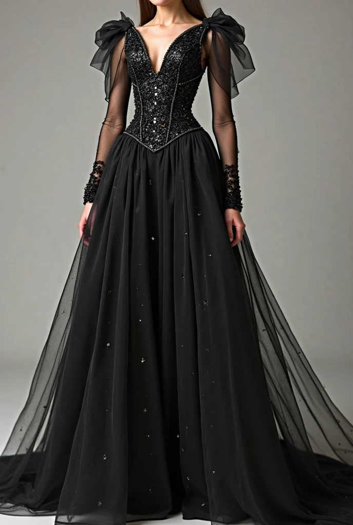 Directions Copy Long black dress. THE SKIRT HAS TWO DIFFERENT FALLS. ONE HAS A PLAIN BLACK FABRIC THAT STICKS TO THE LEGS ABOVE THE KNEES. ANOTHER LIGHT FABRIC FALLS ON HER.,TRANSLUCENT CADI, SPLASHED WITH SILVER AND GOLD STAR MOTIFS THAT REACH TO THE FLOOR. MOST OF THE ABDOMEN IS UNCOVERED AND A WRAP OF FABRIC AND ROPE COLLECTES THE BREASTS IN AN INFINITE CLEAVAGE. Only a strip of silver fabric surrounds the bare waist and a wide piece of black fabric wraps around the right arm. 