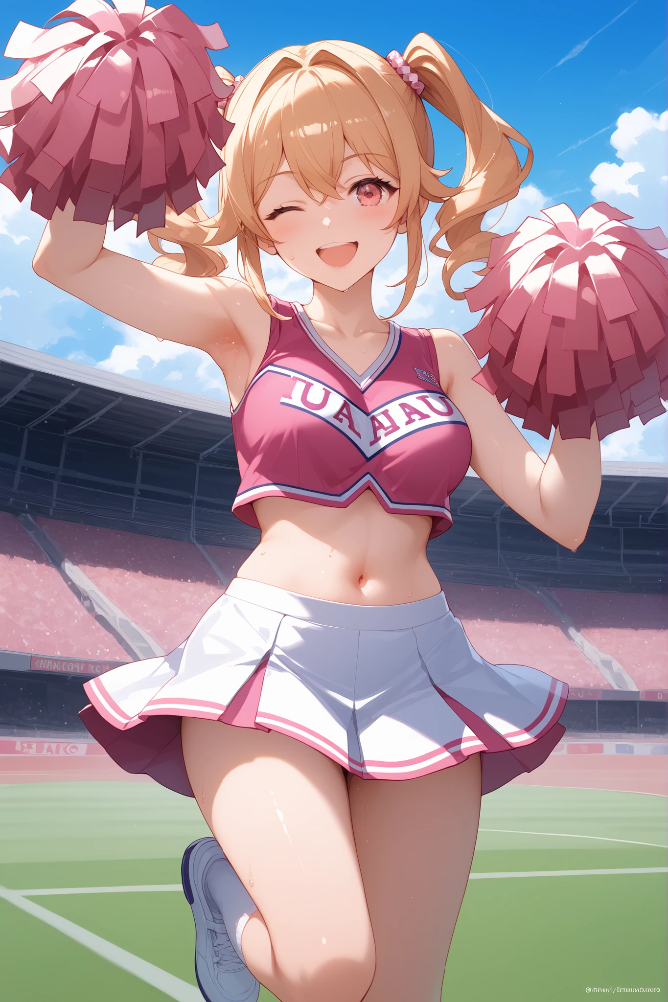 Waste  \(Uma Musume\),（（（masterpiece））），（（（details）））（（Highest Quality）），（（hyper details）），（beautiful），（（Shiny rhinoceros）），（（（about））），（ High Definition ），（（8k）），（（high resolution）），pink and white cheerleader, Holding Large Pompoms in Both Hands, dynamic pose,, raising arms,stretches towards viewers，standing， knee up ， smile, happy，one eye closed，sweat，embarrassing, ，lawn，Racecourse，shot from the front， Glance Shot ，（（（thigh to face close-up））），（（character up image）），anime girl, solo, 