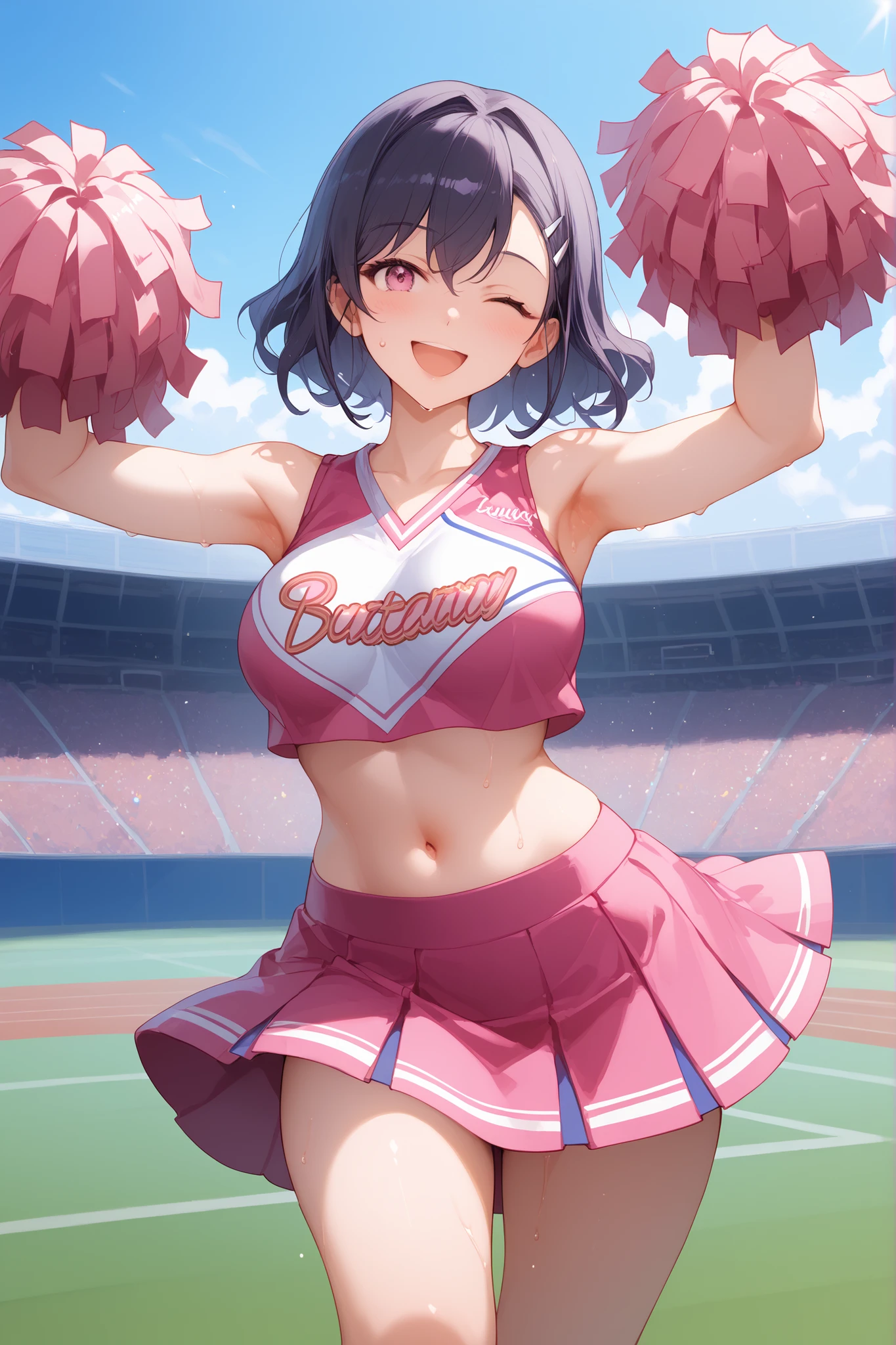 Waste \(Uma Musume\),(((masterpiece))),(((details)))((Highest Quality)),((hyper details)),(beautiful),((Shiny rhinoceros)),(((about))),( High Definition ),((8k)),((high resolution)),pink and white cheerleader, Holding Large Pompoms in Both Hands, dynamic pose,, raising arms,stretches towards viewers,standing, knee up , smile, happy,one eye closed,sweat,embarrassing, ,lawn,Racecourse,shot from the front, Glance Shot ,(((thigh to face close-up))),((character up image)),anime girl, solo,