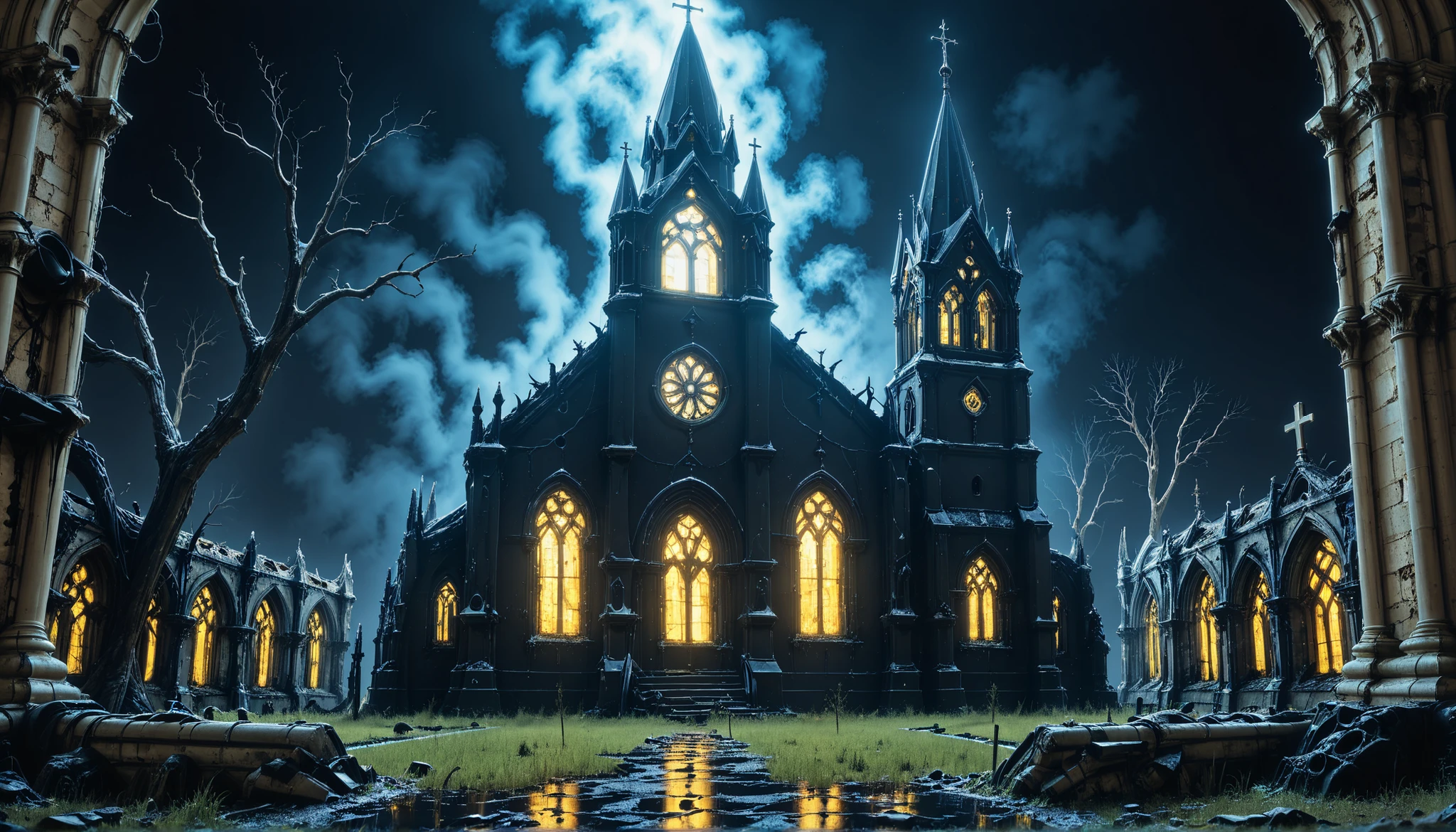 Neon‐Lit Church Ruins