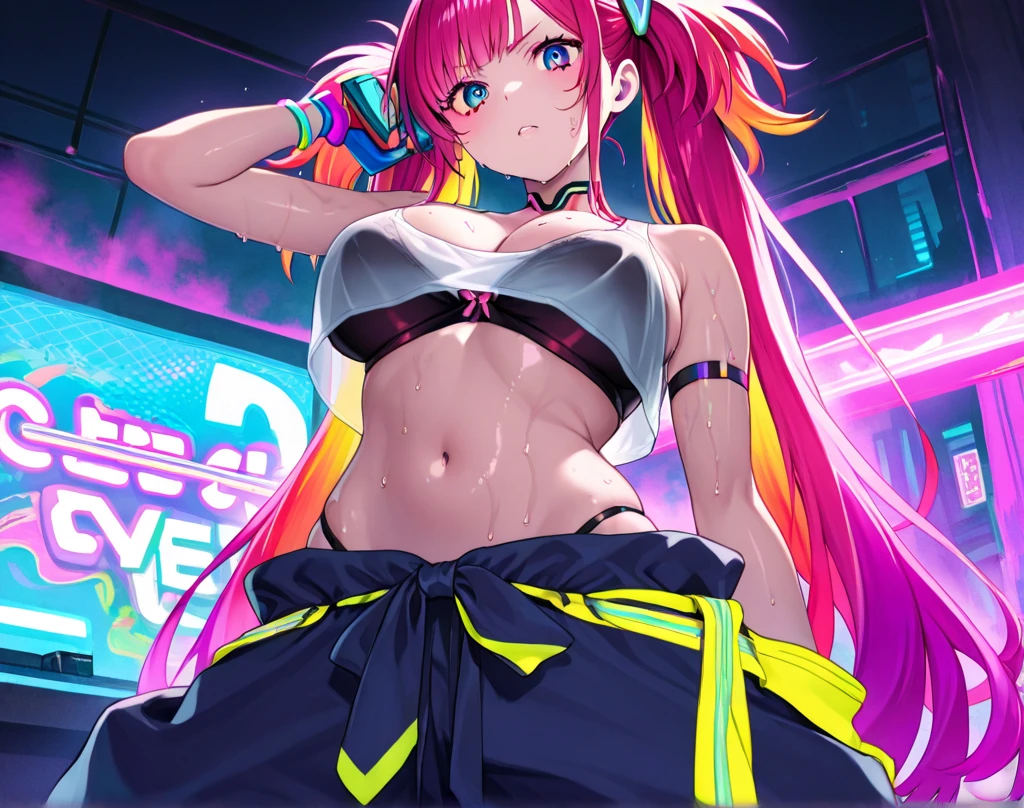 Upper body, Female DJ, Vampires,Wear a bikini,Tattooed with,Pink hair, Quirky, Vibrant appearance, Playful accessories, Bright colors,Creative behavior, Rambled, Sensual, Spontaneous, DJ headphones, Mixing Console, Music Clubs, night club, Independent cinema, People dancing on dance floor background, Underground danceclub, Highest quality, Skin texture, Intricate details, (Cinematic lighting), RAW photo, 8K,Psychedelic surrealist art,Surrealist psychedelic design,dream art style,Illusion psychedelic art, Colorful dark vectors,