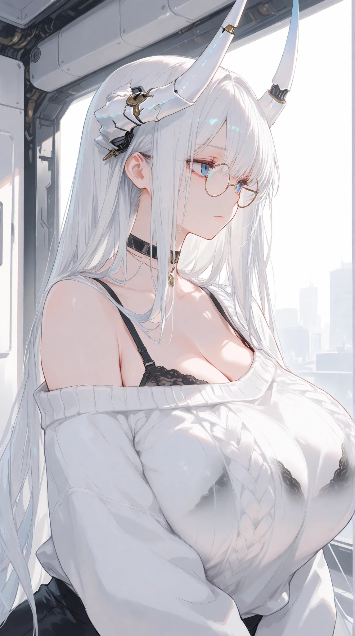 1Girl, Solo, Anime, Ideal body, (Cleavage, Small breast, Hard Nipple). Beautiful, Gorgeous, Fresh, Blunt Bangs, (White Grey Hair:1.5),(Straight and Wavy Long Hair:1.3), Virgin Sweater, Sweater, Off-Shoulder, Oversize, Comfort, Loose, Fabric Texture. (Seiza:1.3). Earrings, Thin Black Headband, Eye Glasses, Green Accessories, Environmental Details, Bed Room, Natural Light, Modern Bed, Chair, Window, White Curtain, City View. pov, anime style, UHD, retina, masterpiece, accurate, anatomically correct, textured skin. High Resolution, Looking at viewer, Blush, Best Quality, Award Winning, Accurate, Embarrassed, seductive smile, naught smile, horny, sweating, Naughty Face, Chin up, lips open, Gradient Eye Color, Sexy Pose. Top view shot, body bent to viewer ,front of camera, looking up to viewer, tongue out, open mouth. From Above, Close-Up, (sticky goo on breast), (white goo on body), (sweating). Milk, white milk on breast. Hand correct, arm correct. 2 hand, 2 arm.