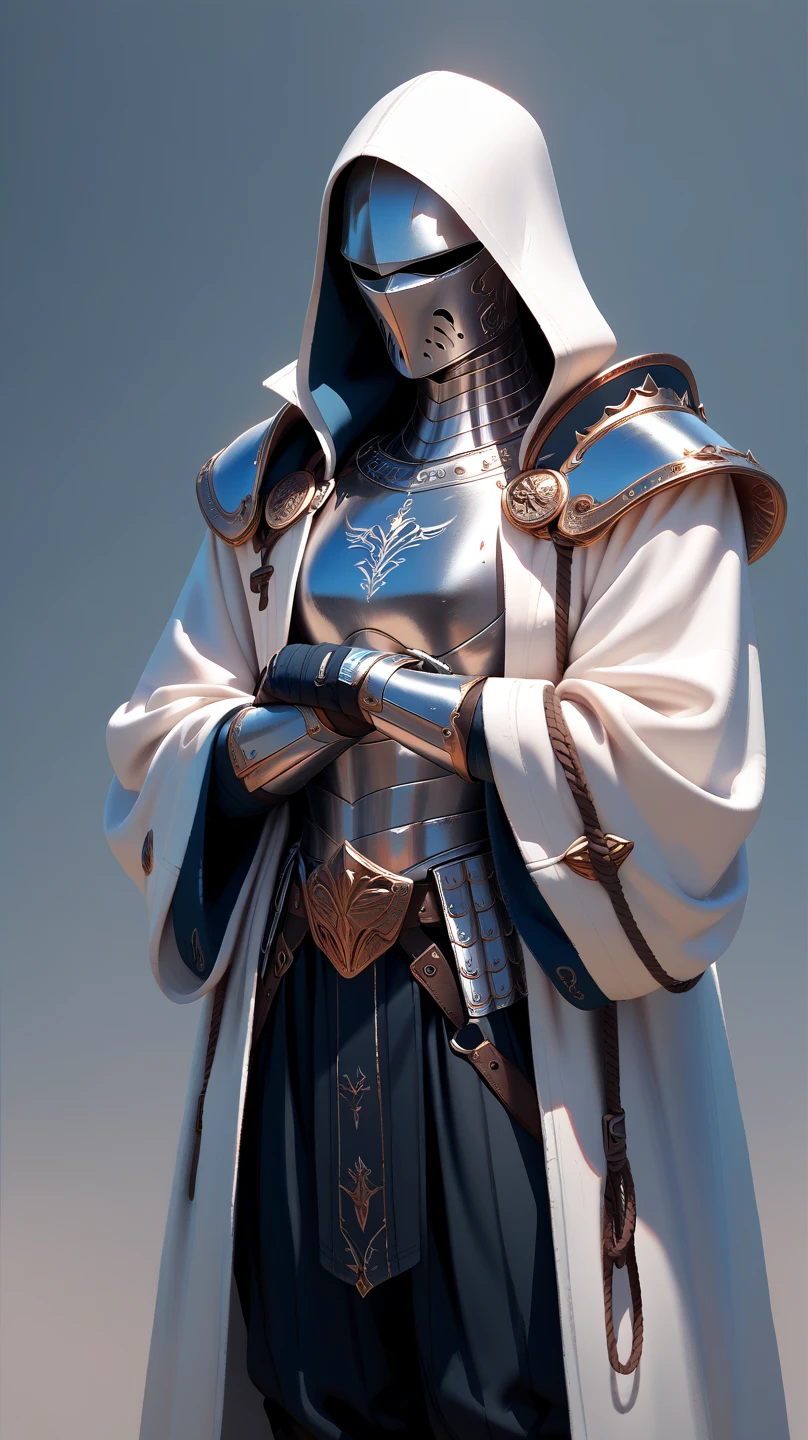 A Muslim woman who is extremely elegant and intelligent, who is also a warrior
On her armor put letters AZ and use golden and glassy white colors, the character is anonymous so use a golden mask on her armor and hide her face completely, this armor looks feminine and peaceful, use a white atmosphere on the background and make sure to put AZ letters on the armor