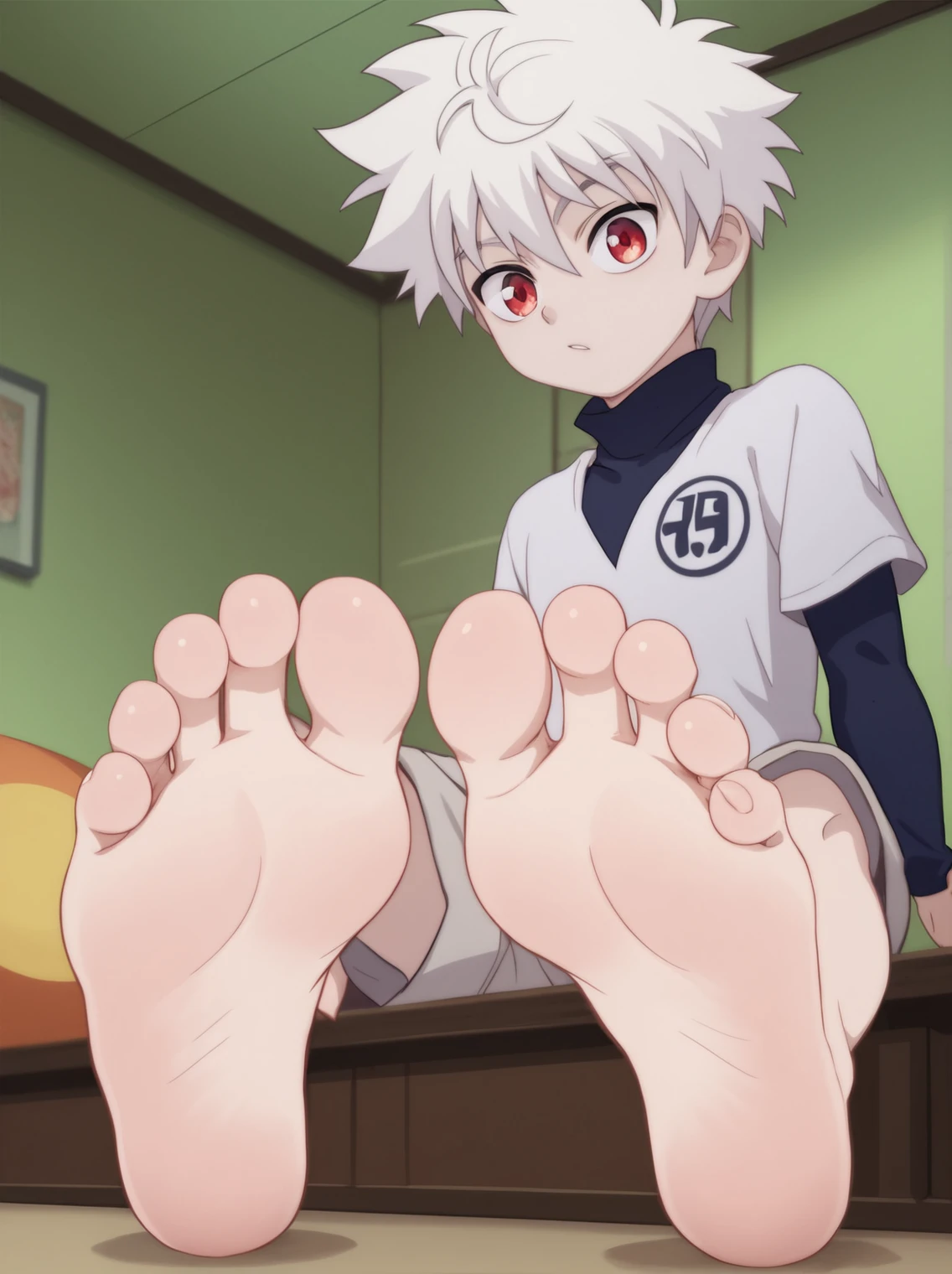 jiggle as a result of_9, jiggle as a result of_8_higher, source_anime, 1 boy , dose big eyes, Alone, looks at the viewer, in his room, sitting on the ground, SPONSORS BULLET, screenshot from the anime, anime coloring, barefoot, Perfect feet, anatomically correct , sun dress , low angle, focal length 35 mm, Each foot has five toes, before, symmetrical sun dress , Focus , Soft blonde hair, very pale skin , red eyes, long sleeve dark shirt, Loose shorts
