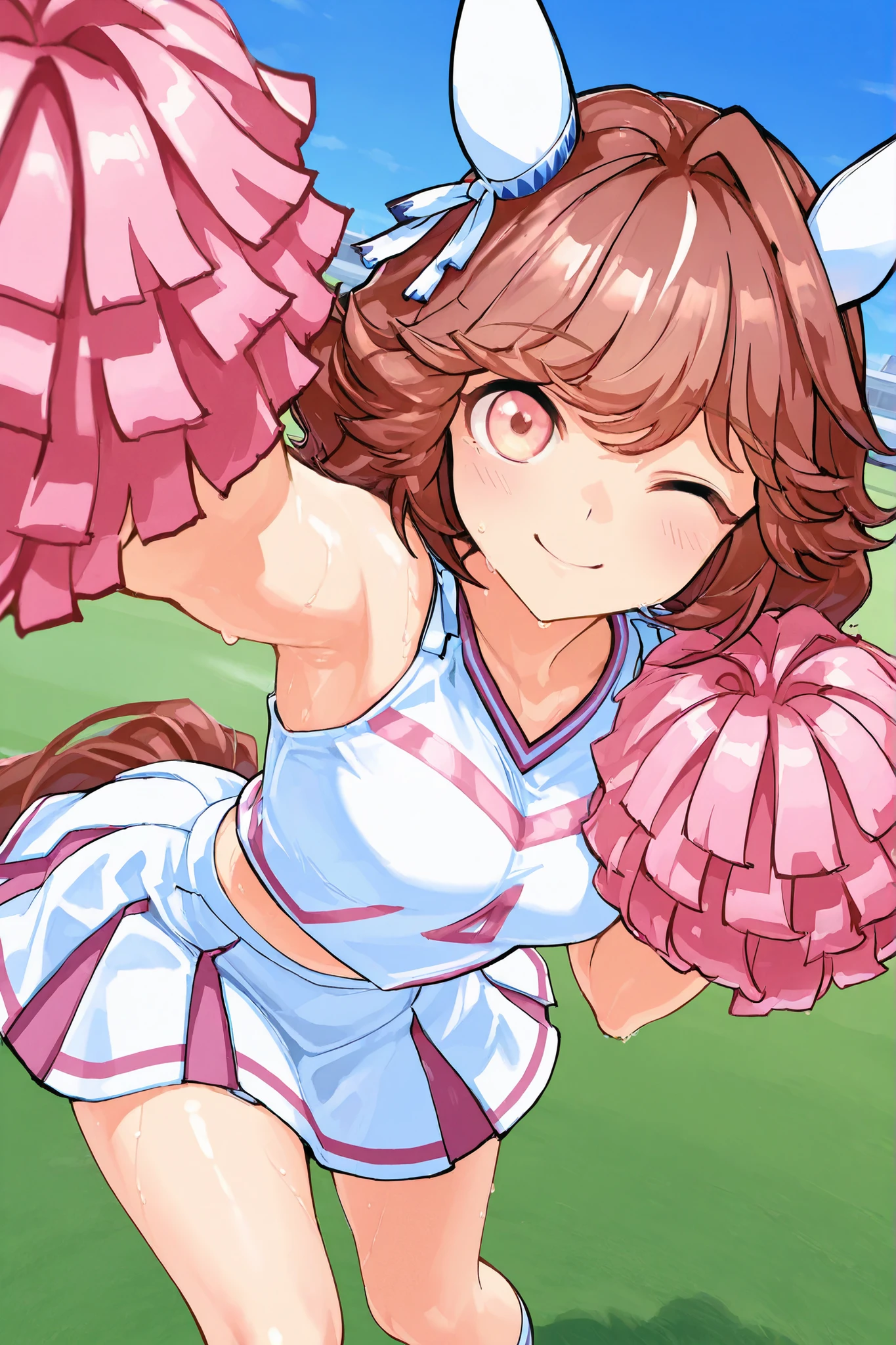 Waste \(Uma Musume\),(((masterpiece))),(((details)))((Highest Quality)),((hyper details)),(beautiful),((Shiny rhinoceros)),(((about))),( High Definition ),((8k)),((high resolution)),pink and white cheerleader, Holding Large Pompoms in Both Hands, dynamic pose,, raising arms,stretches towards viewers,standing, knee up , smile, happy,one eye closed,sweat,embarrassing, ,lawn,Racecourse,shot from the front, Glance Shot ,(((thigh to face close-up))),((character up image)),anime girl, solo,