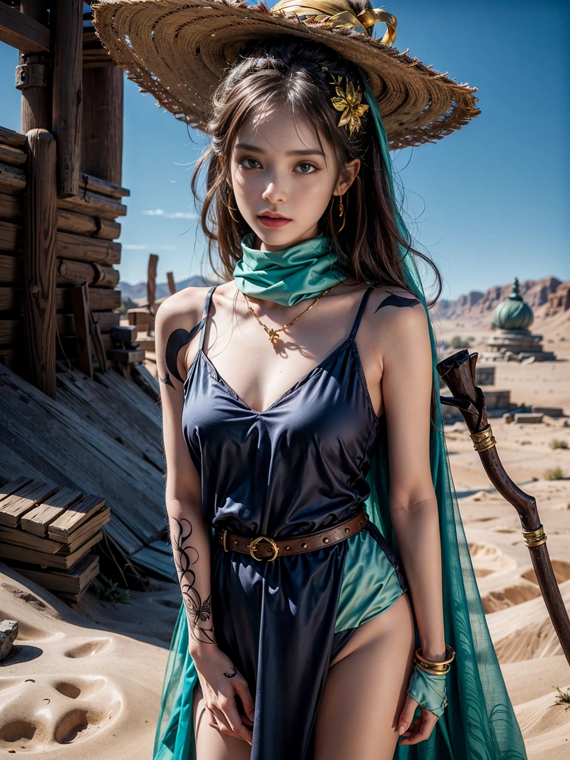 (Masterpiece: 1.3), best quality, high resolution, a tall and beautiful woman with dense textured skin, fine double eyelids and bright eyes, dark brown wavy hair, dunhuang_dress, dunhuang_clothes, around a belt, wearing a necklace, (desert dunes as a background), presenting beautiful facial details and skin texture. Beautiful mature woman, mother, fifty years old, saggy breasts