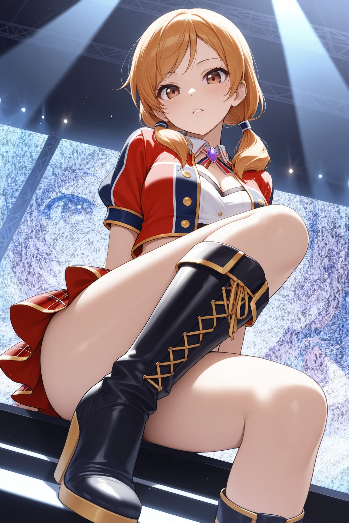 Best image quality、High resolution、masterpiece、super high quality、Spread your legs wide、striped panties、big 、Ahegao、Showing panties、Panties close up、In underwear、Proud face、very big breasts、Squint your eyes、Cowboy Shot、Low Angle、Undressing、Sexy pose、Blushing、4K quality、Local Close-up、Ahegao、Lingerie、Spread your legs、Accentuate the crotch、big ass、Zoom in on the lower body、彼女はSpread your legs wide、Spread your legs、Slut、Black knee socks streaks、Very naughty pose、Exposed breasts and clitoris、Bitch、Show your lower body、please sit down、My crotch is wet with love juice、Sexy face、Orgasm Face、Sticking out tongue、focus on panties、Take off the Clothes Aid、Shooting from directly below、Feeling Face、Surprised expression、Out-of-the-ordinary big ass、Voluptuous thighs、Whipped ass、very big 