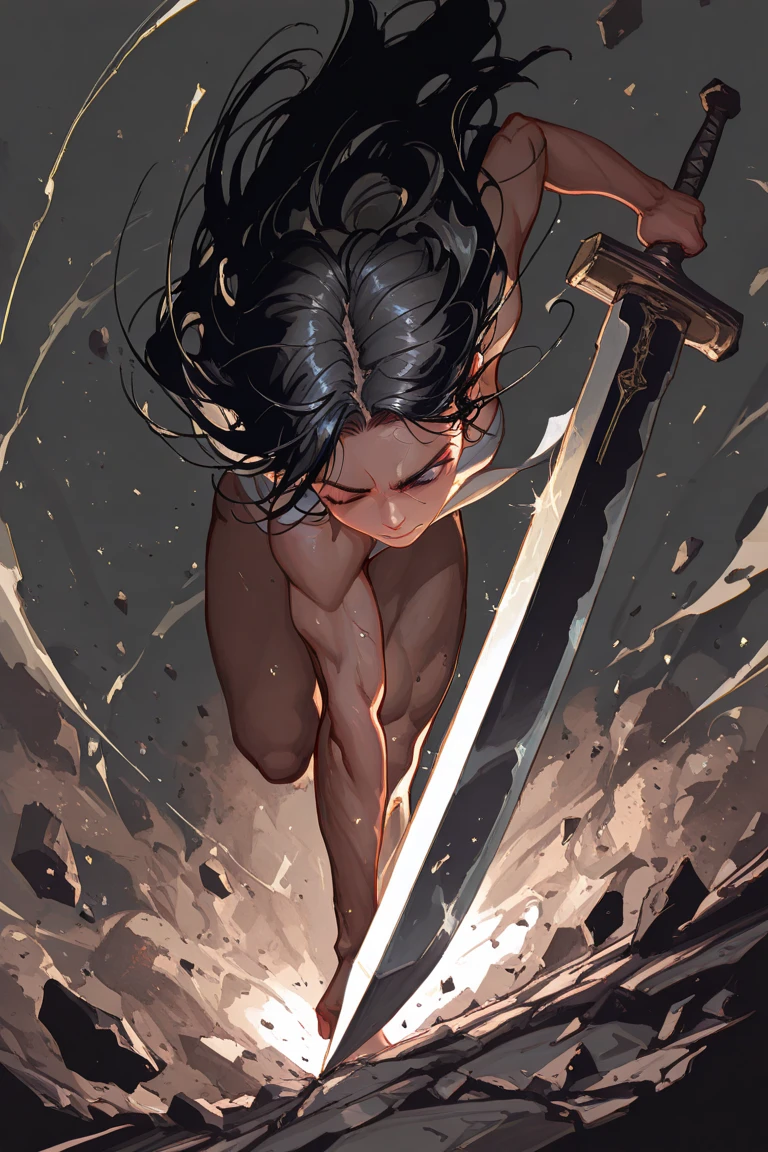 mizuOC holding a katana, fighting pose, angry, (1girl, blue eyes, black hair, japanese, nude:1.2) looking at viewer, 
(detailed landscape, hills, river, forest:1.2),(cowboy shot:1.2), (dynamic pose:1.2), (dark atmosphere, wind),
(masterpiece:1.2), (best quality, highest quality), (ultra detailed), (8k, 4k, intricate), (50mm),
  