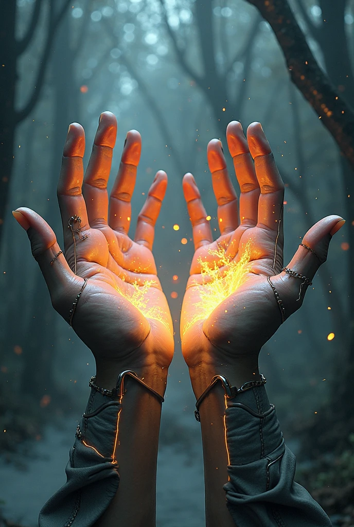 glow, biomechanical hands